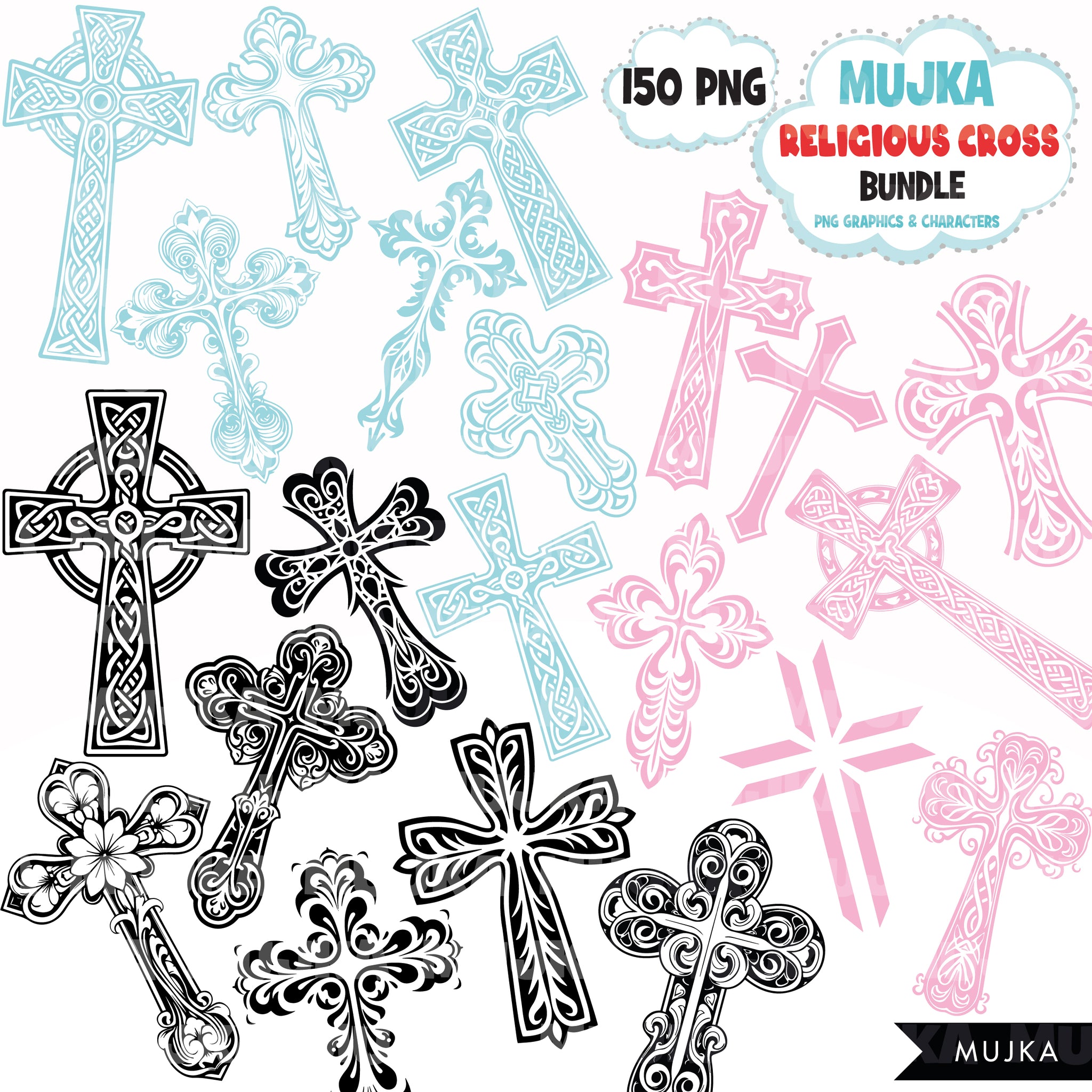 Religious Cross PNG Bundle, Christian png, Cross clipart, Catholic png, Cross silhouette, Pink blue black cricut Cross print and cut file