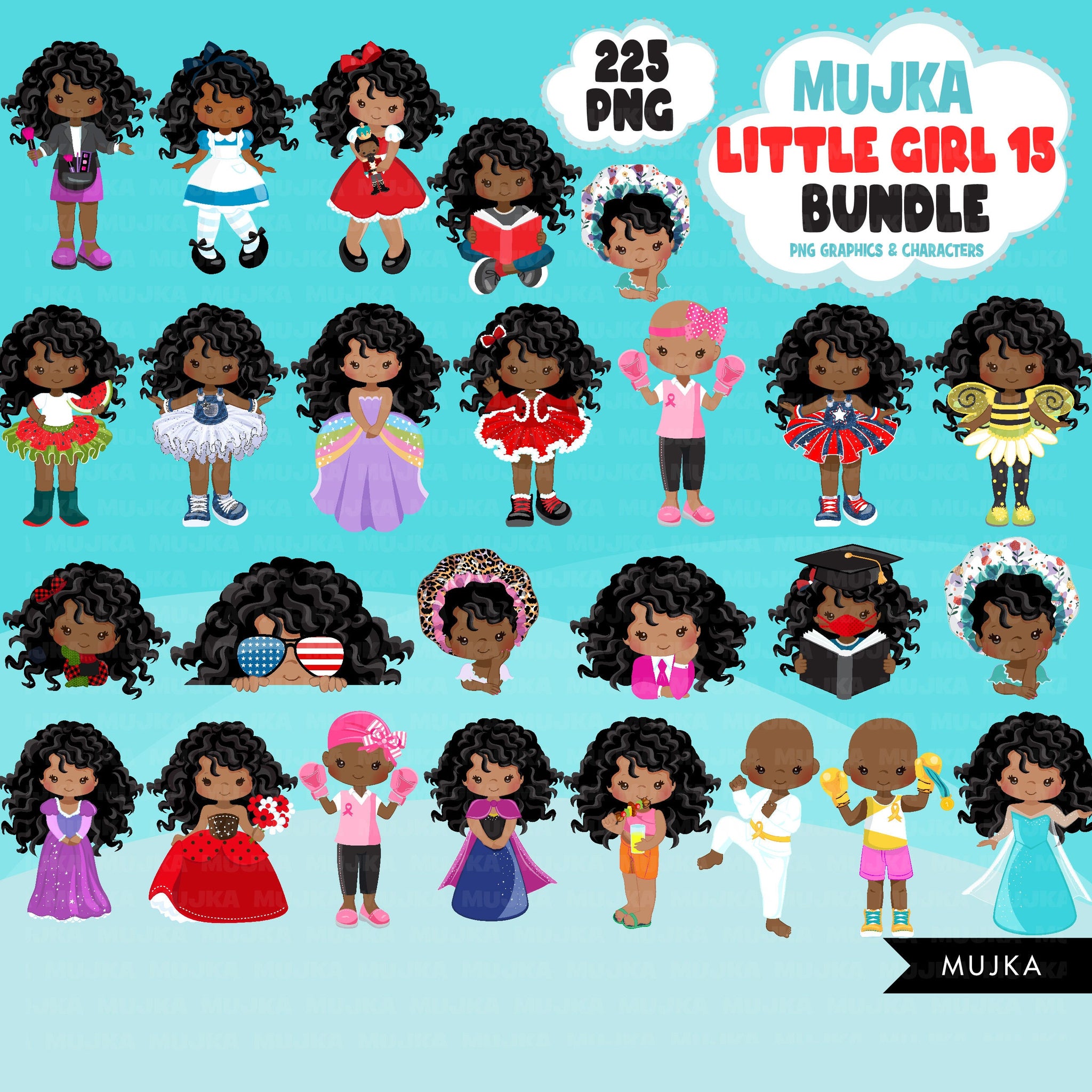 Afro Girl PNG Clipart Bundle, Cute Black Girl Art, Cute digital planner stickers, teacher graphics, Homeschooling, educational printables