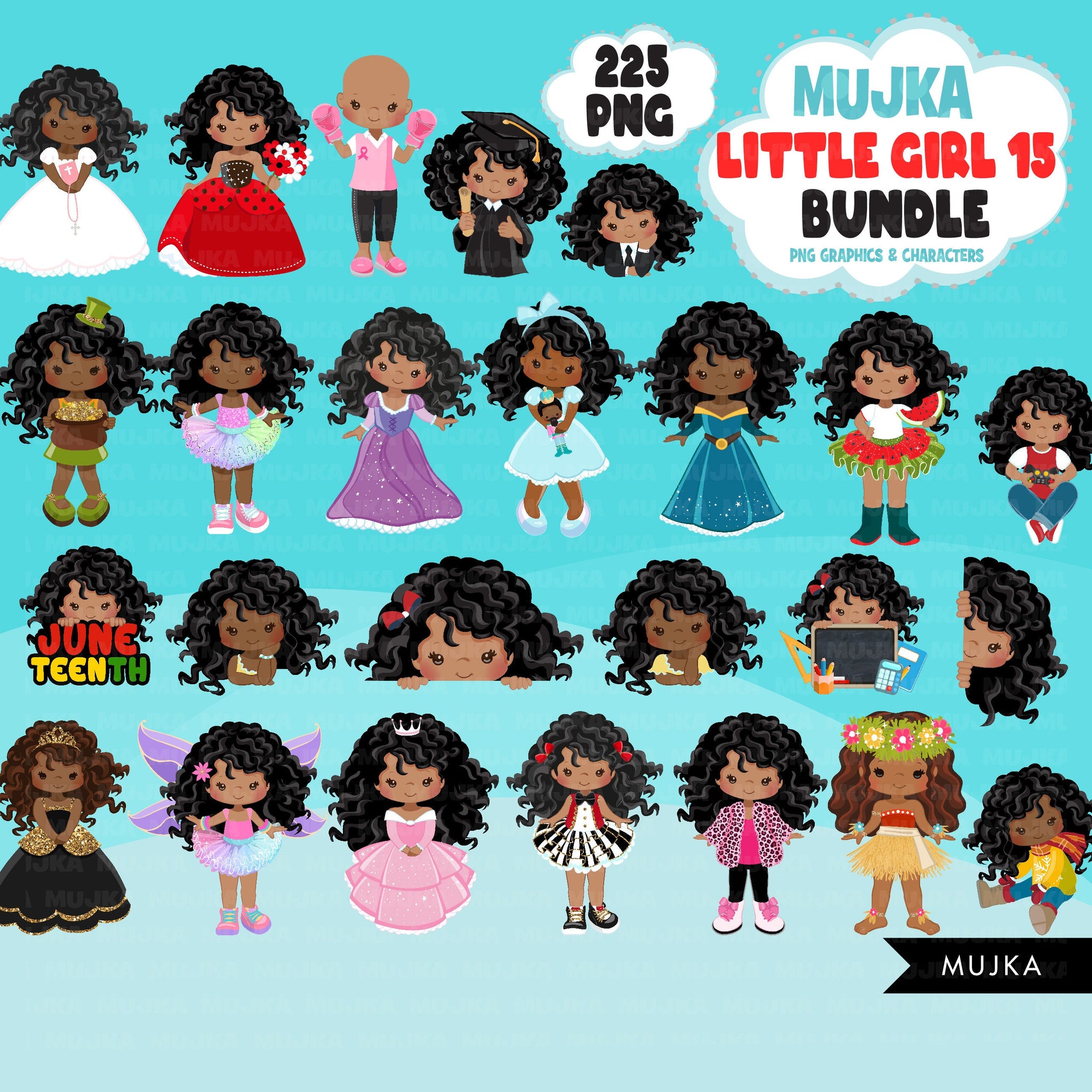 Afro Girl PNG Clipart Bundle, Cute Black Girl Art, Cute digital planner stickers, teacher graphics, Homeschooling, educational printables