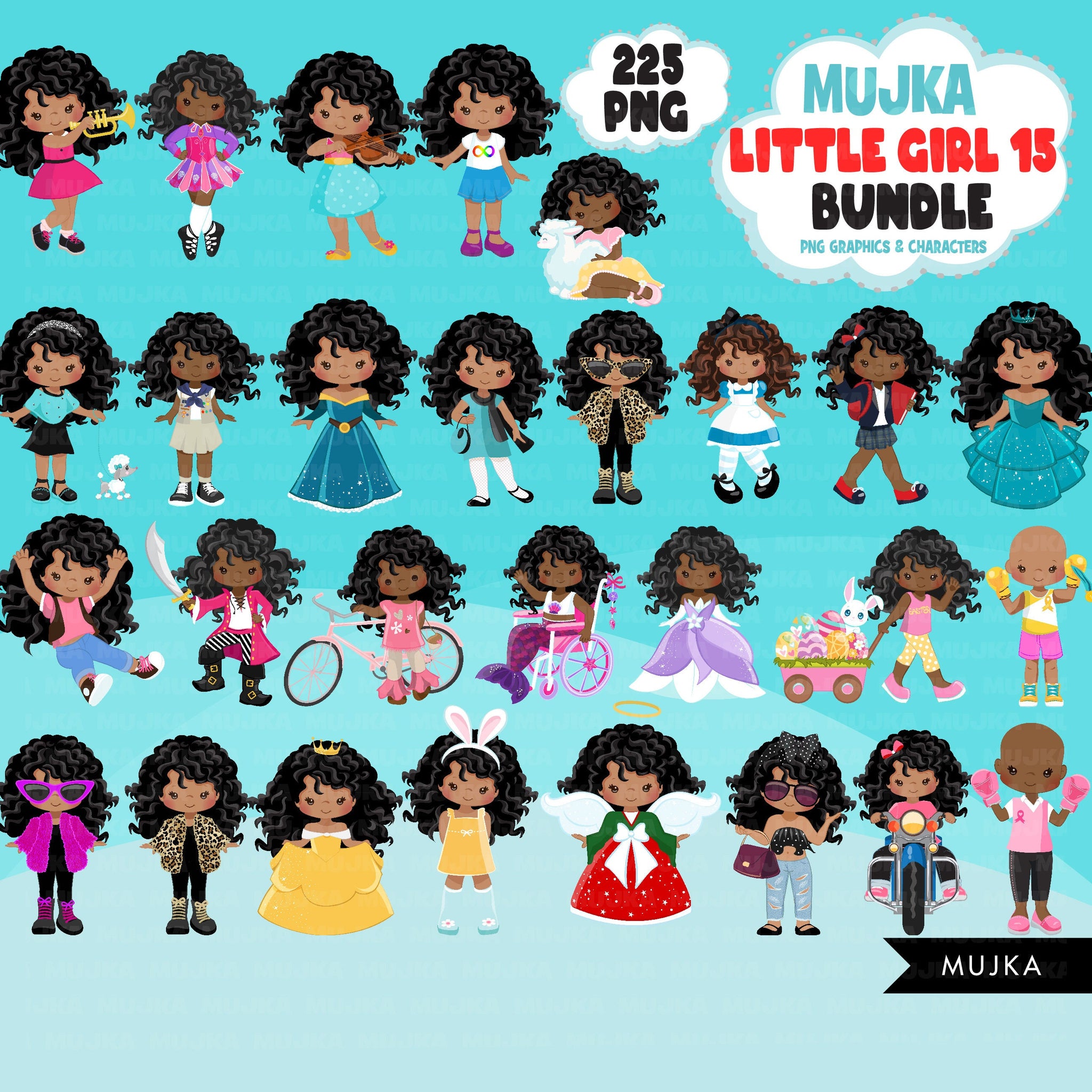Afro Girl PNG Clipart Bundle, Cute Black Girl Art, Cute digital planner stickers, teacher graphics, Homeschooling, educational printables