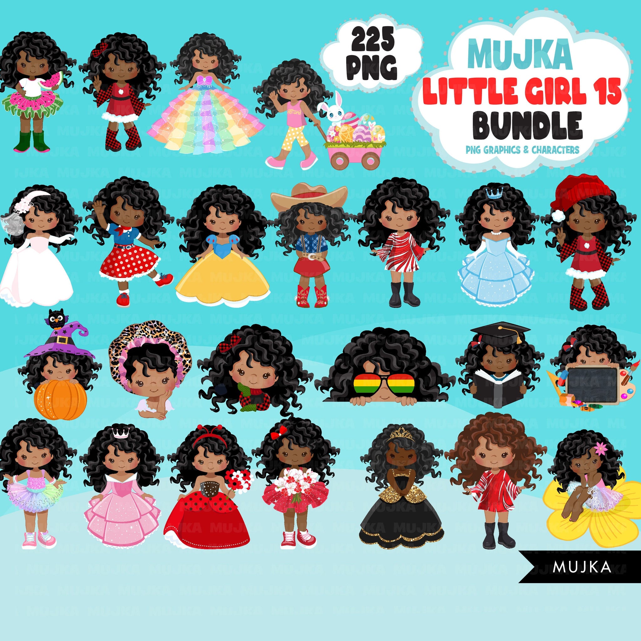 Afro Girl PNG Clipart Bundle, Cute Black Girl Art, Cute digital planner stickers, teacher graphics, Homeschooling, educational printables