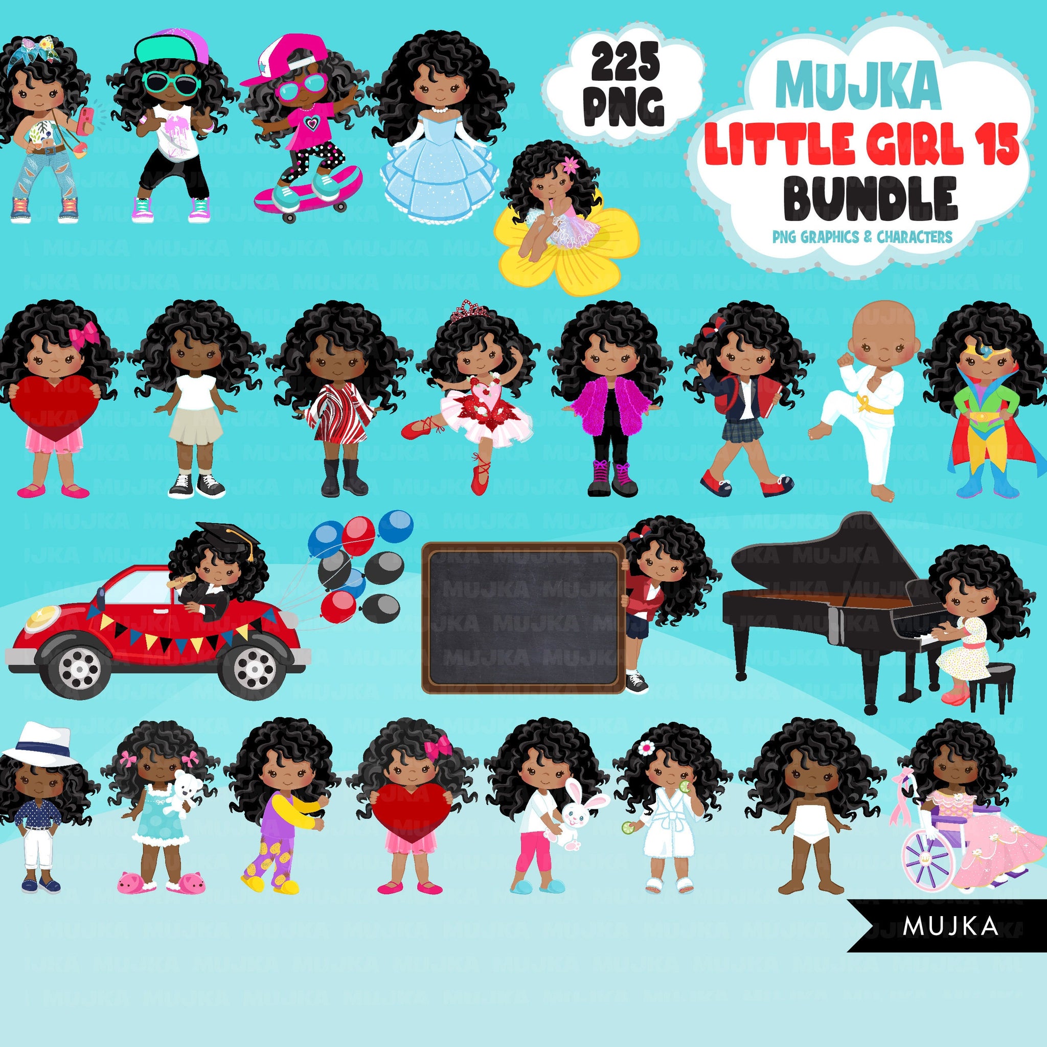 Afro Girl PNG Clipart Bundle, Cute Black Girl Art, Cute digital planner stickers, teacher graphics, Homeschooling, educational printables