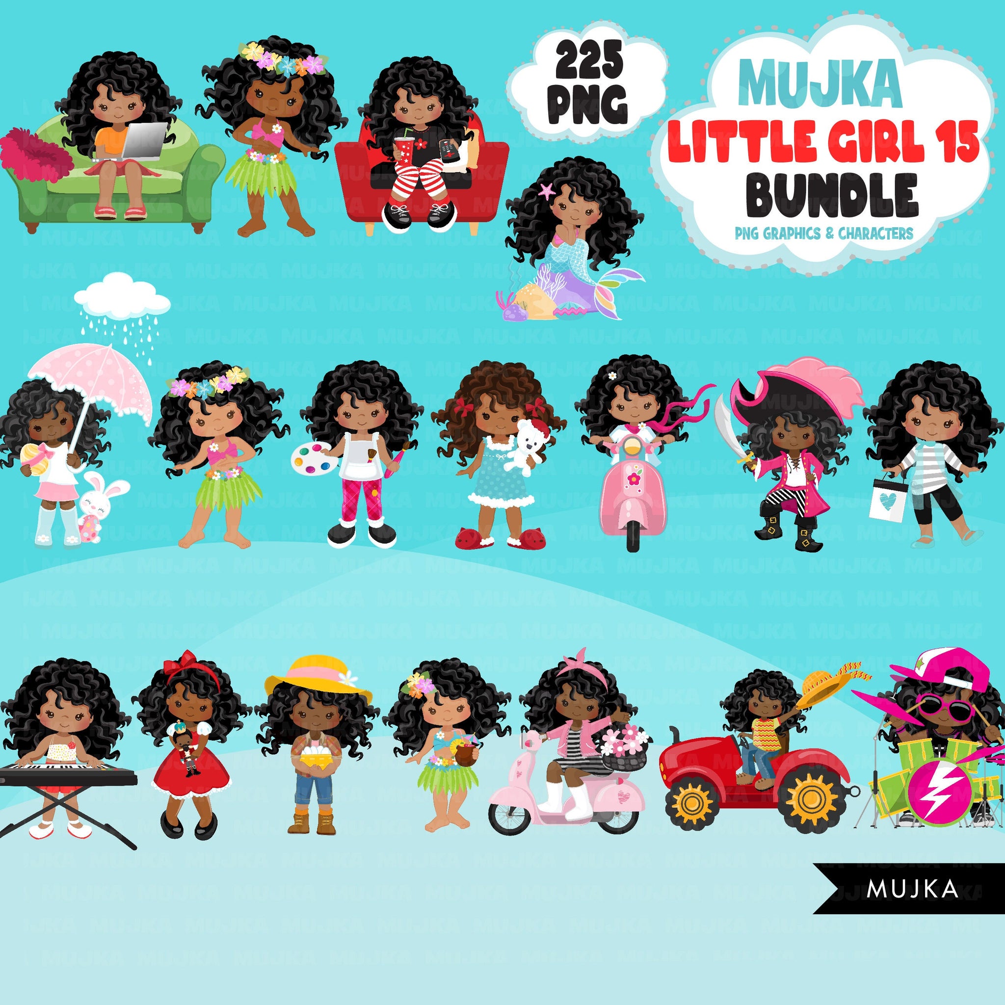 Afro Girl PNG Clipart Bundle, Cute Black Girl Art, Cute digital planner stickers, teacher graphics, Homeschooling, educational printables