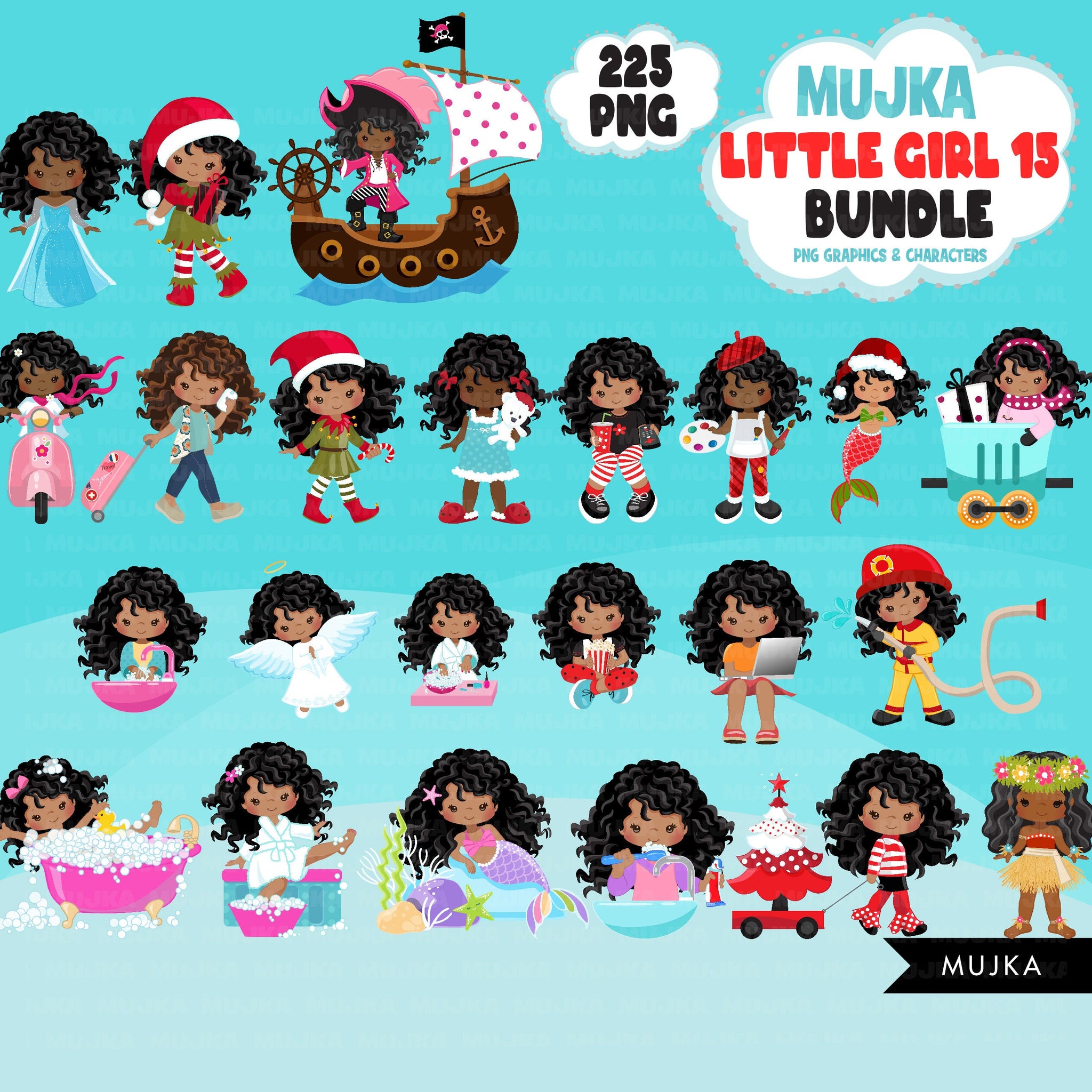 Afro Girl PNG Clipart Bundle, Cute Black Girl Art, Cute digital planner stickers, teacher graphics, Homeschooling, educational printables
