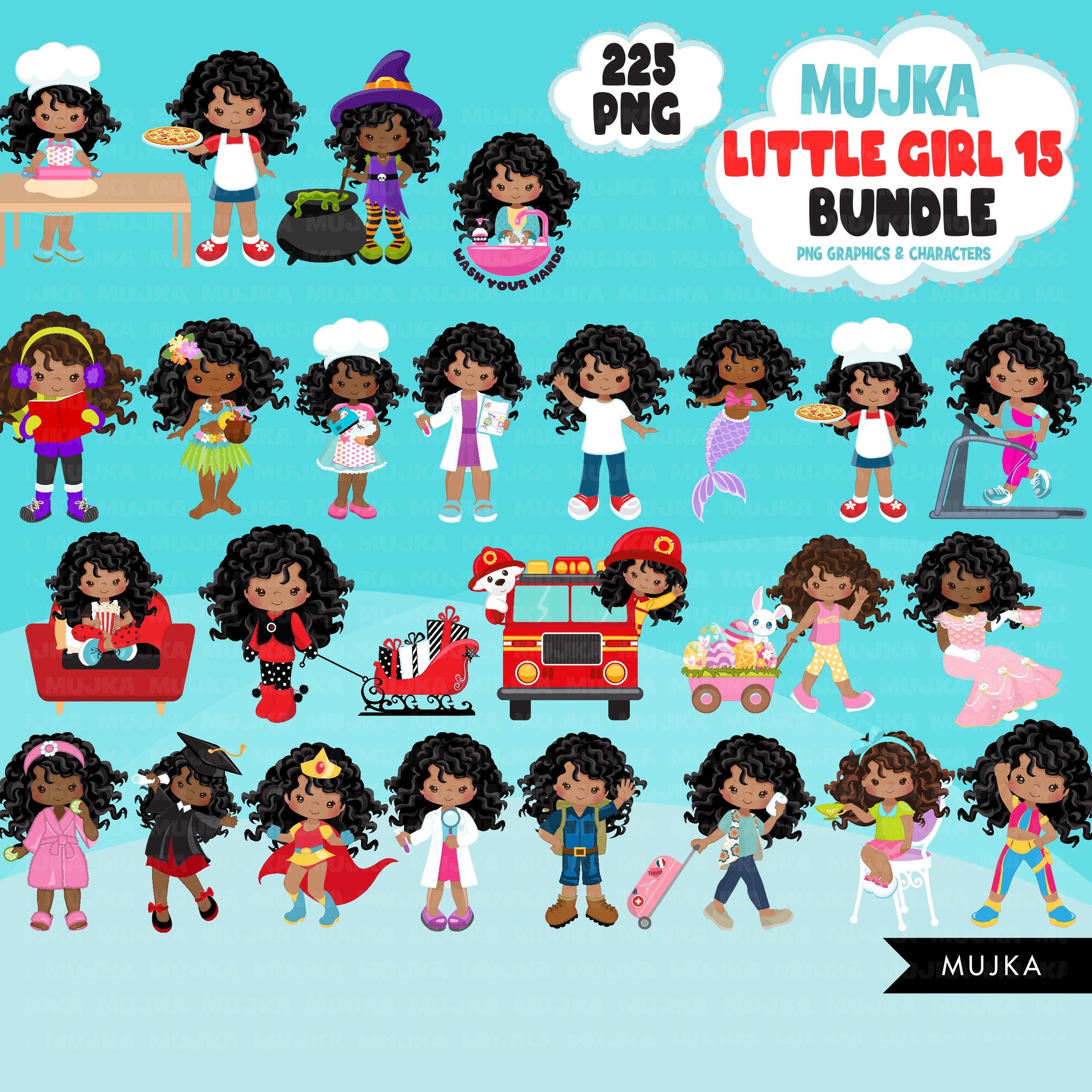 Afro Girl PNG Clipart Bundle, Cute Black Girl Art, Cute digital planner stickers, teacher graphics, Homeschooling, educational printables