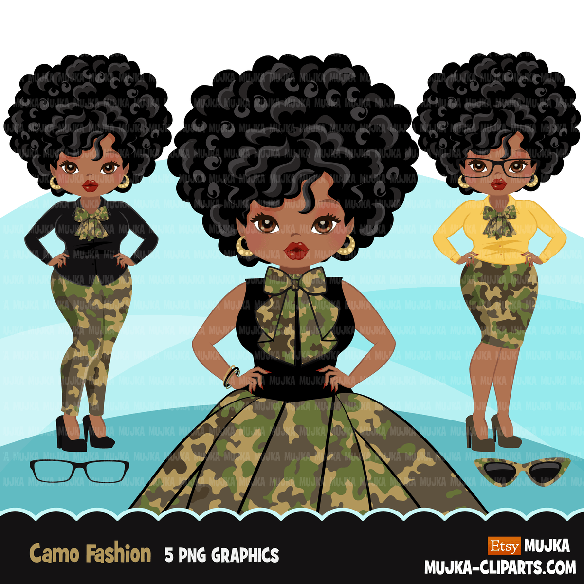 Black Woman Clipart Avatar, Ankara Camouflage Print Bow Tie, Pants And 