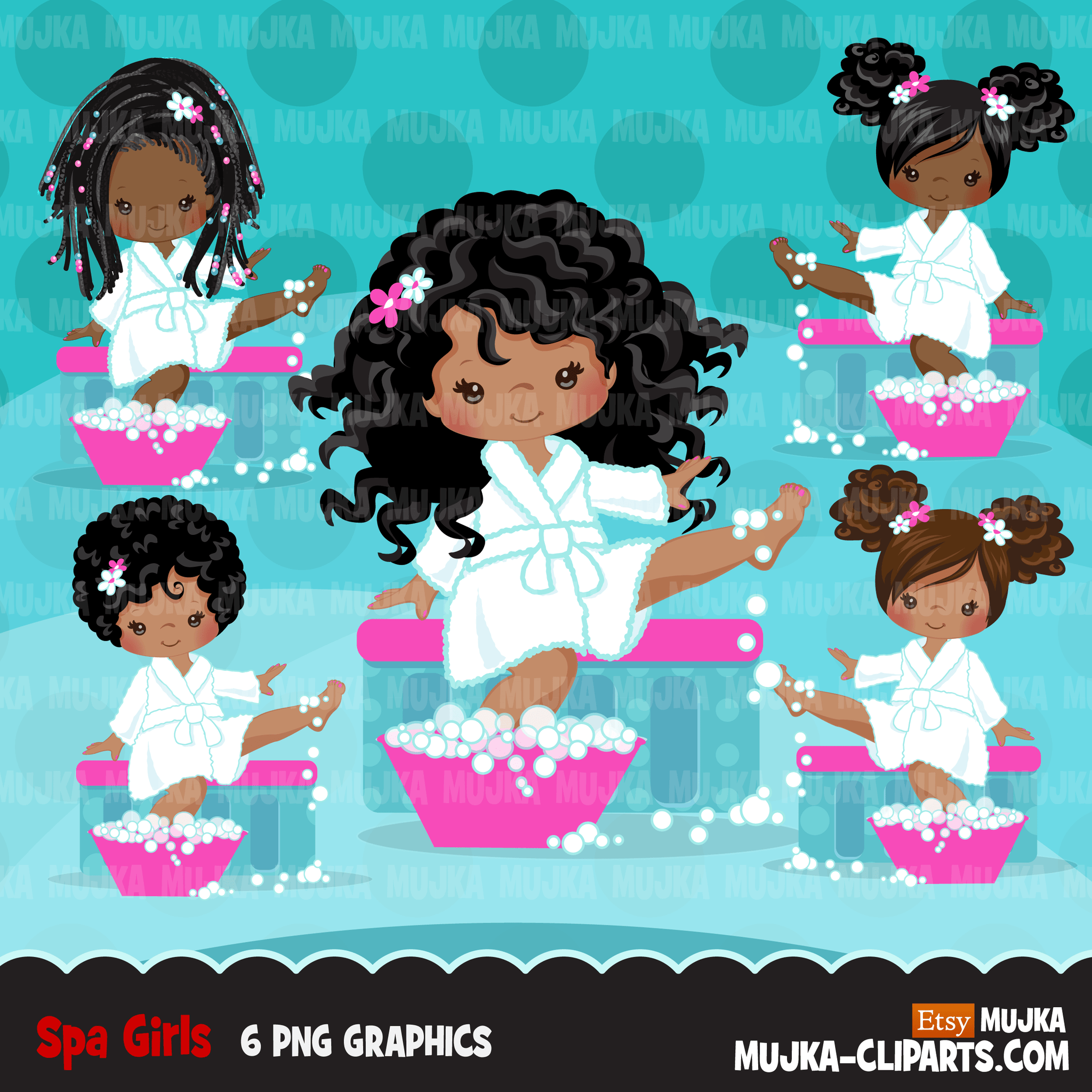 Spa Clipart Bundle. Spa birthday Party Graphics for girls, manicure, bath, nail polish, shower