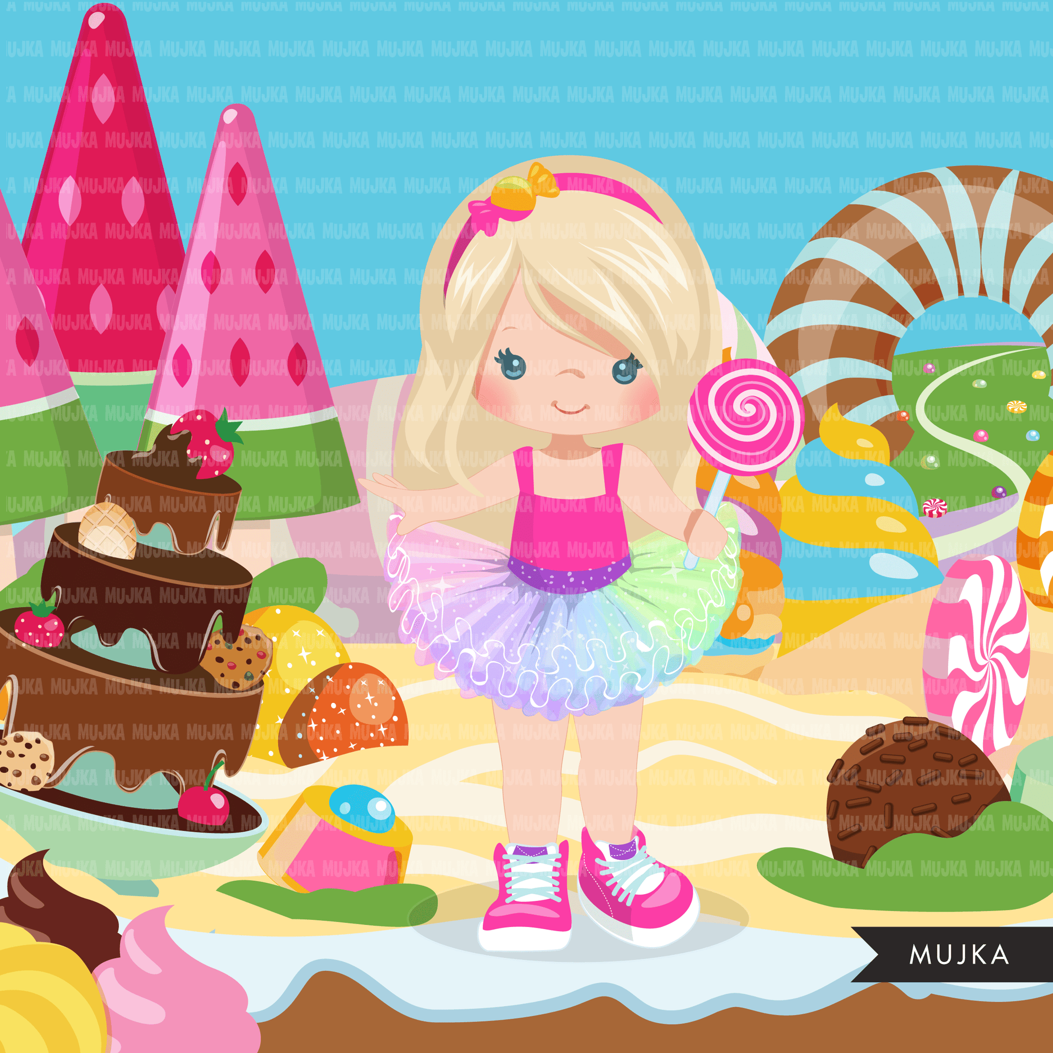 Candy land Clipart Bundle, Sweets, ice cream, donuts, chocolate, cupcakes, backgrounds, tutu girl graphics commercial use PNG clip art