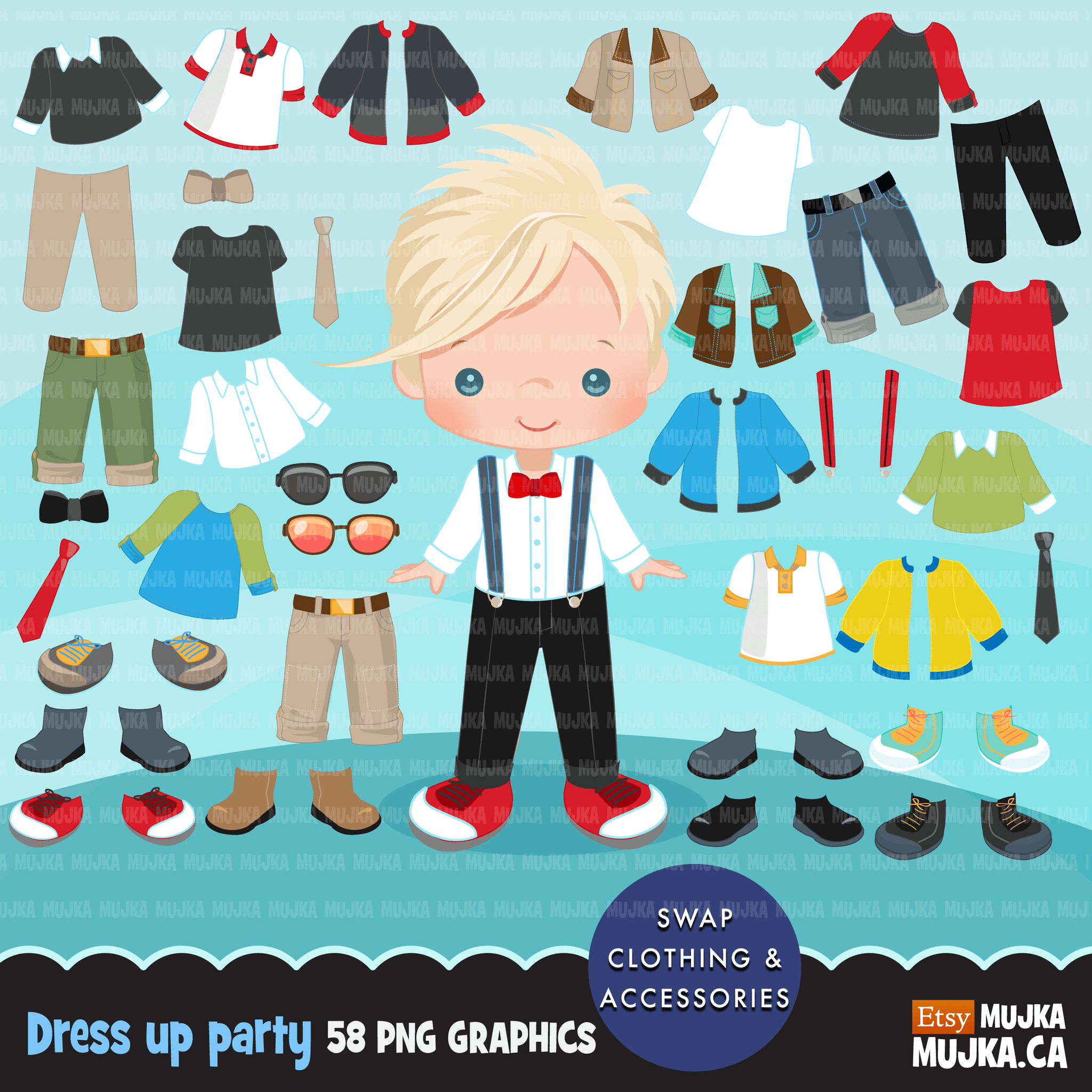 Paquete de imágenes prediseñadas de Paper Doll, gráficos de vestir, trajes de moda para niños, niñas y niños, gráficos de sublimación png