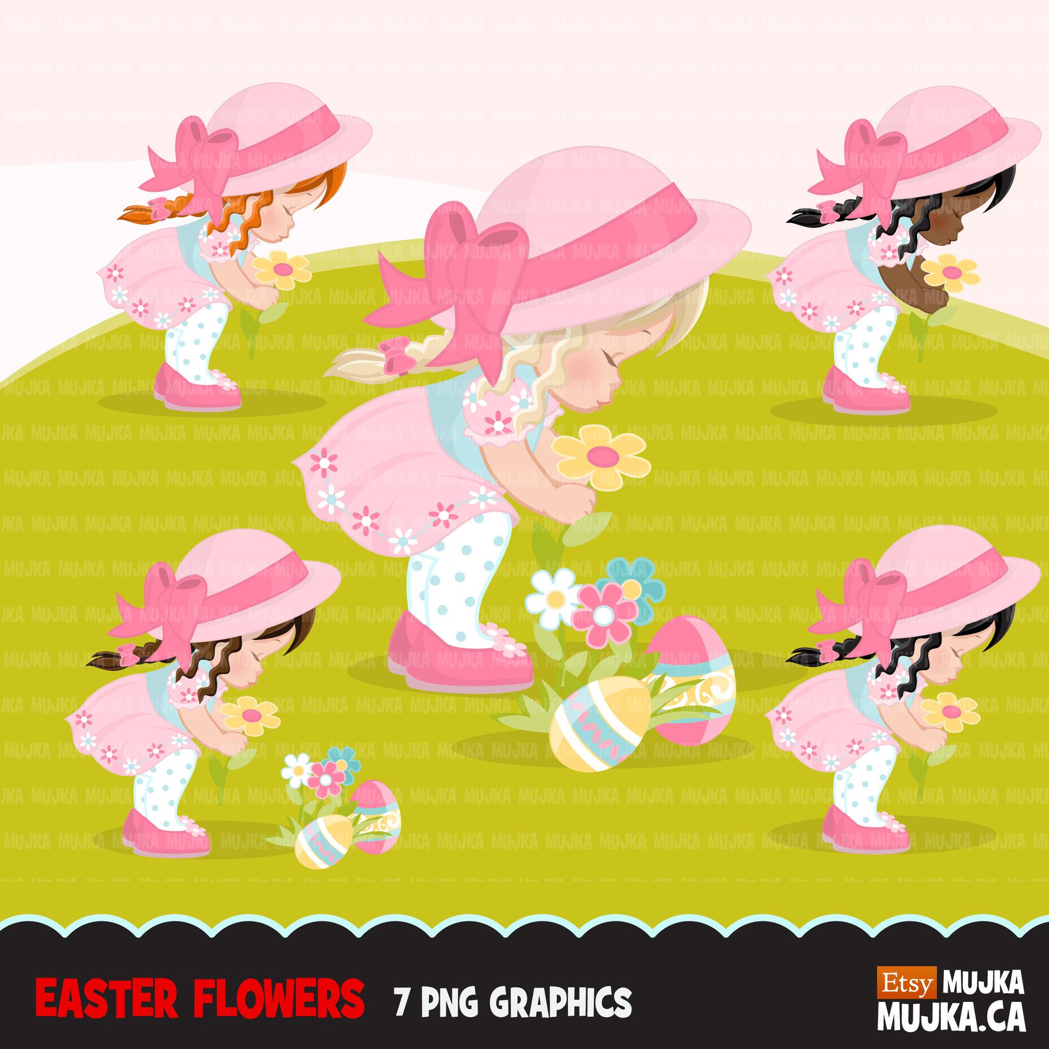 Easter Spring Clipart Bundle, gnomes, bunny, kids, eggs, animals, plants, llama graphics commercial use PNG clip art