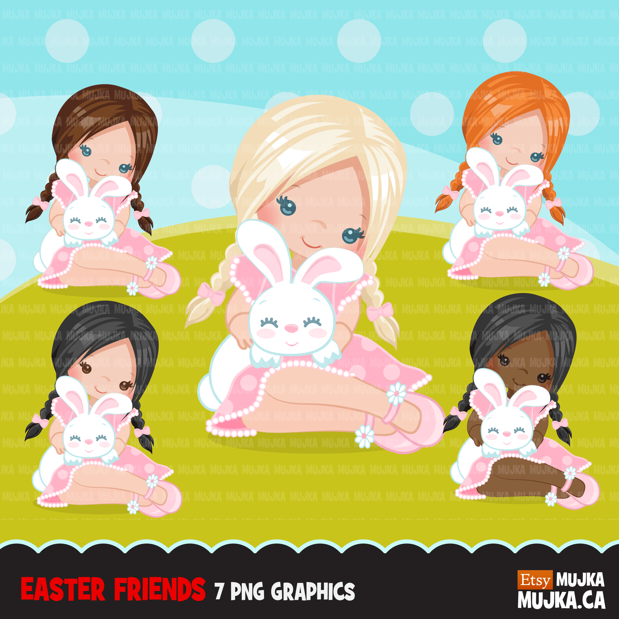 Easter Spring Clipart Bundle, gnomes, bunny, kids, eggs, animals, plants, llama graphics commercial use PNG clip art