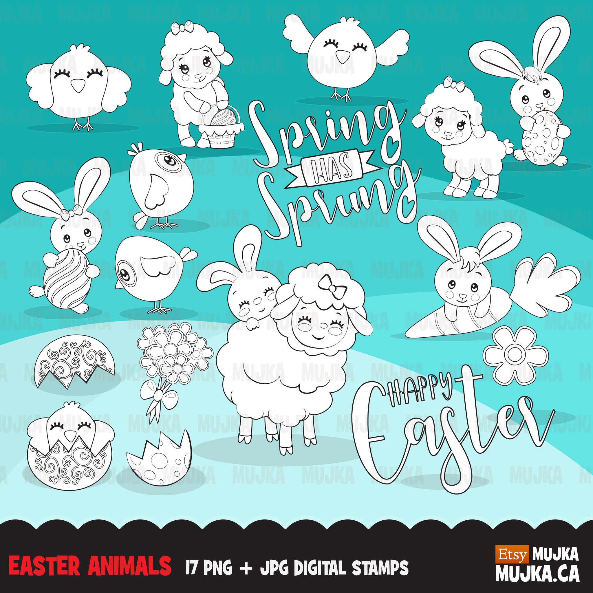 Easter Spring Clipart Bundle, gnomes, bunny, kids, eggs, animals, plants, llama graphics commercial use PNG clip art