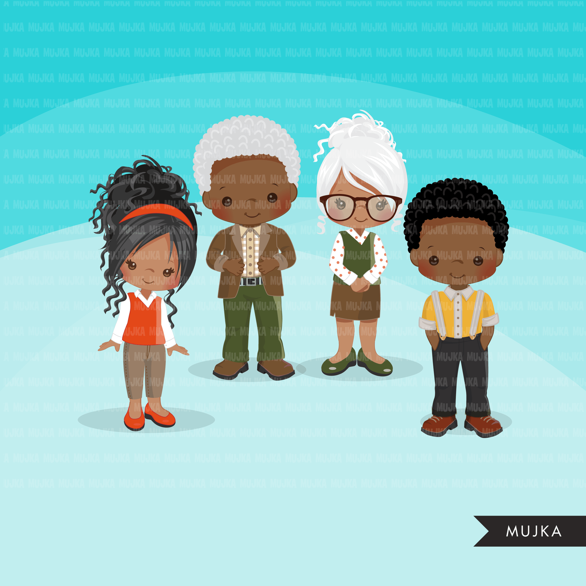 Paquete de imágenes prediseñadas familiares. Colección de gráficos de madre, padre, hijo, hija, personas mayores y accesorios. Chico Chica