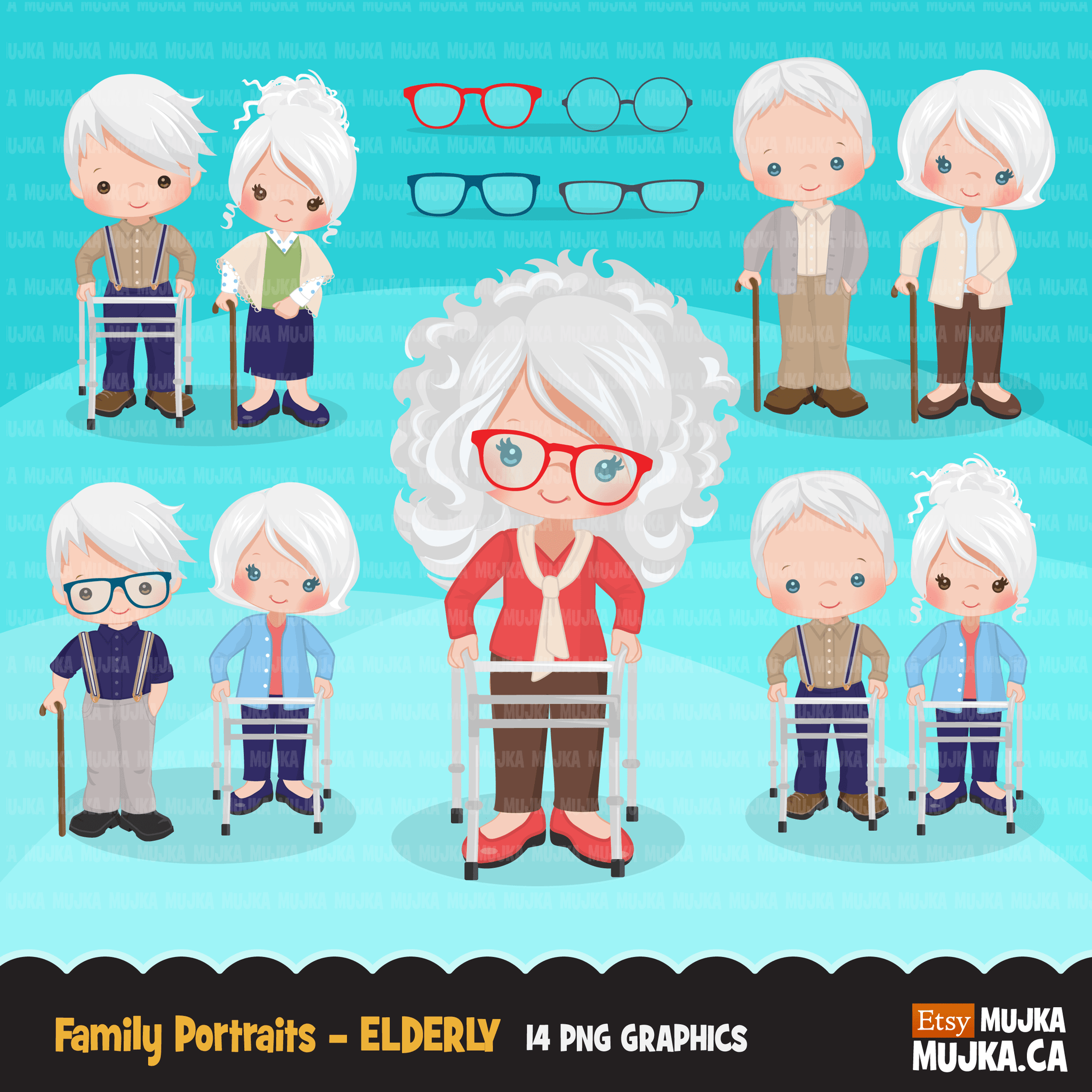 Paquete de imágenes prediseñadas familiares. Colección de gráficos de madre, padre, hijo, hija, personas mayores y accesorios. Chico Chica