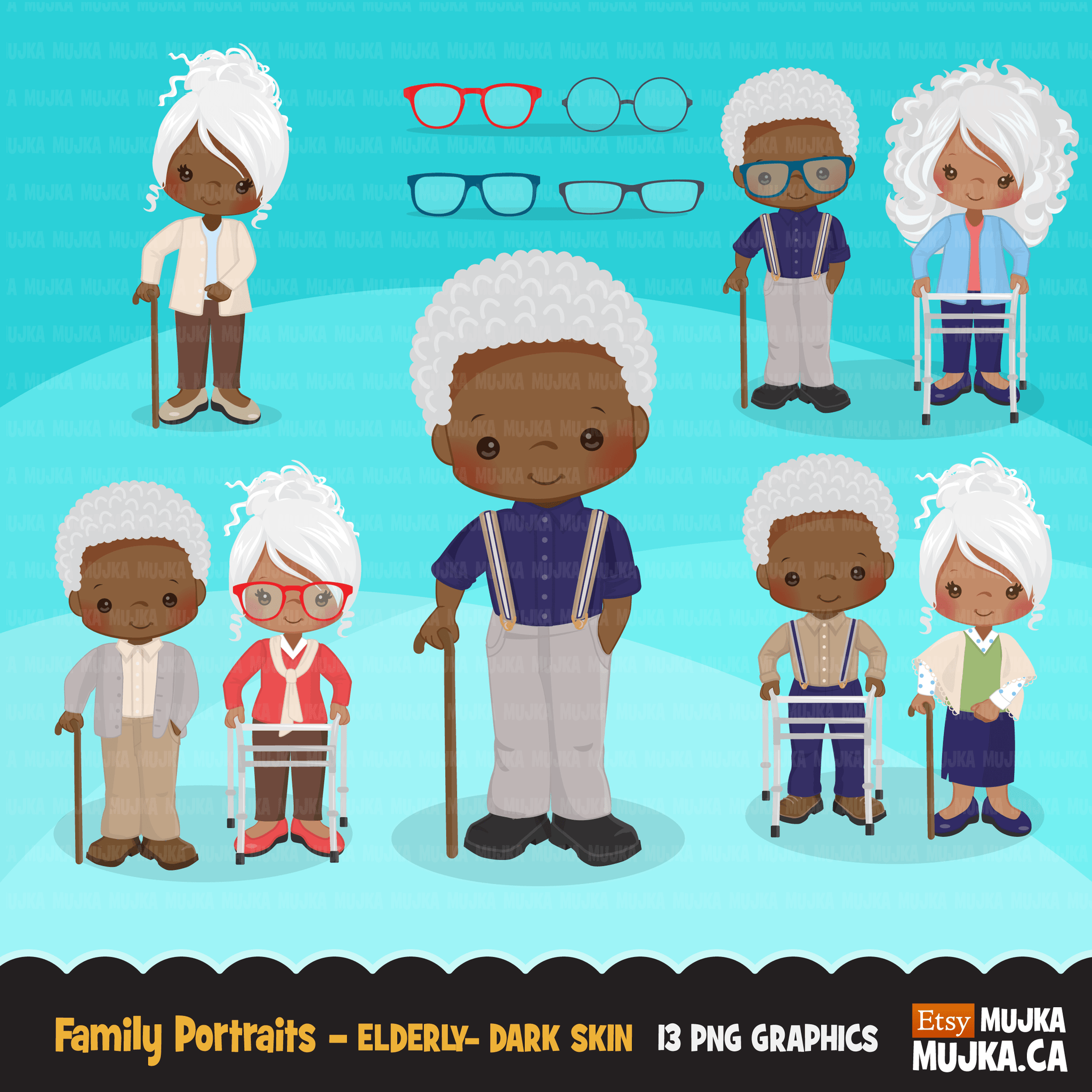 Paquete de imágenes prediseñadas familiares. Colección de gráficos de madre, padre, hijo, hija, personas mayores y accesorios. Chico Chica