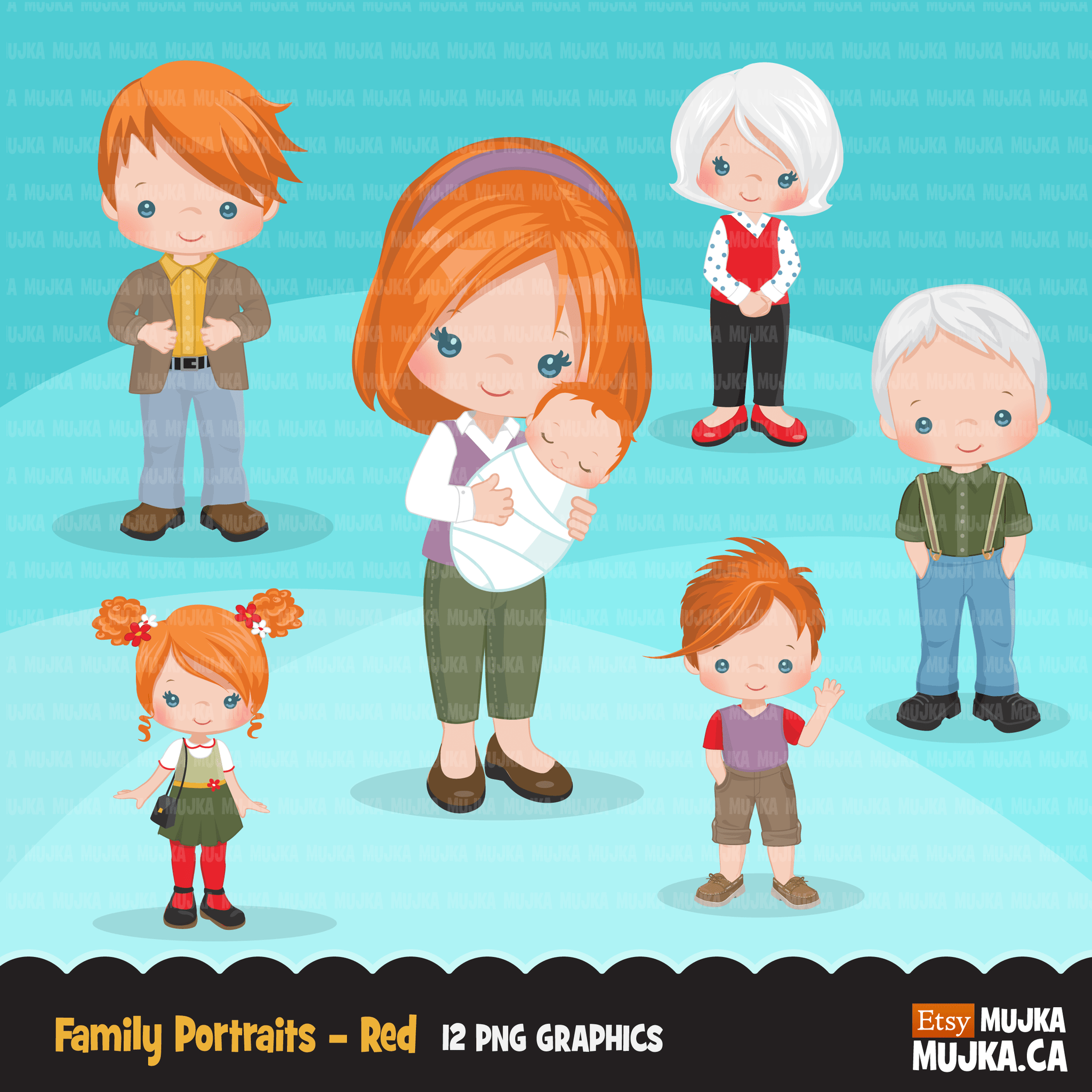 Paquete de imágenes prediseñadas familiares. Colección de gráficos de madre, padre, hijo, hija, personas mayores y accesorios. Chico Chica