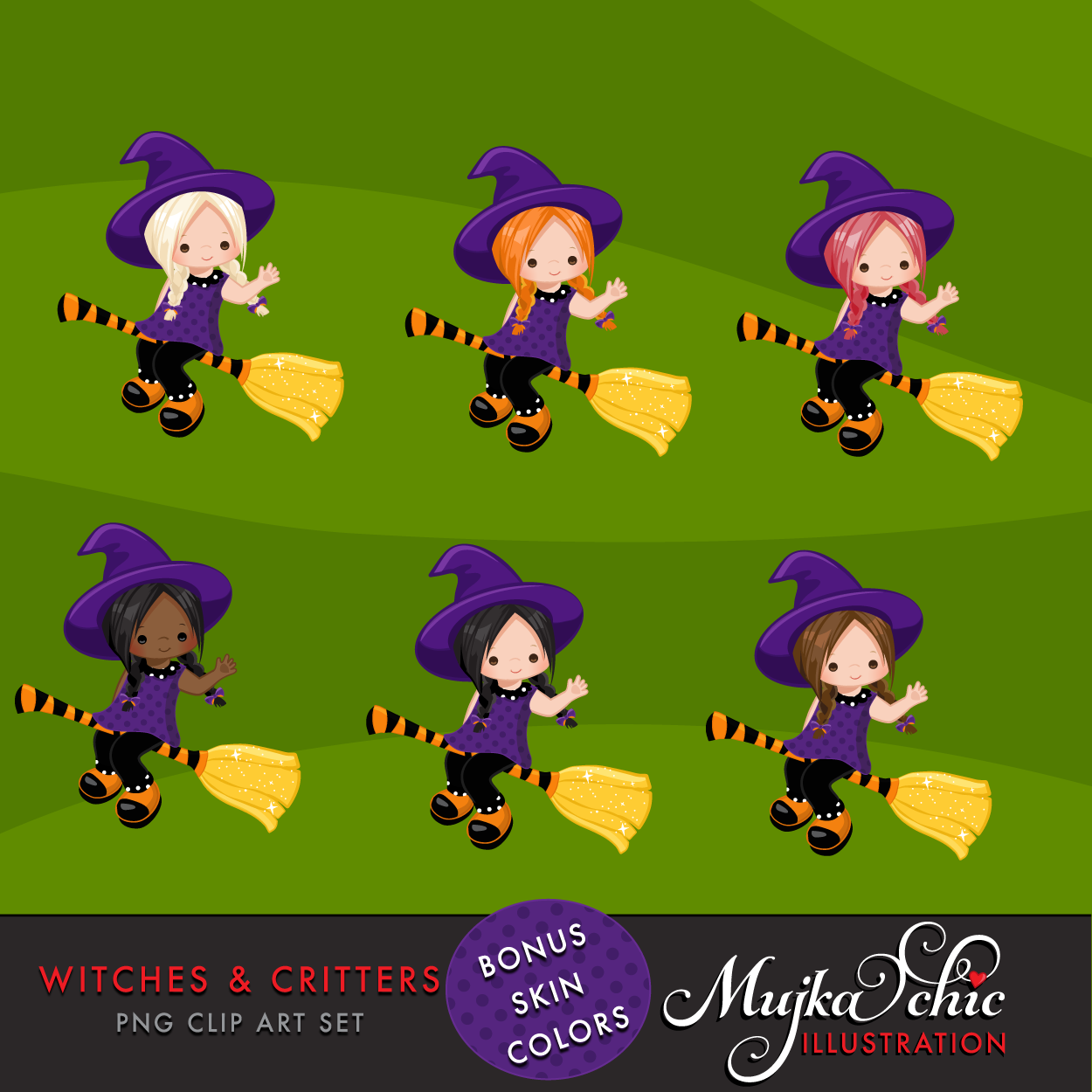 Clipart de brujas y bichos de Halloween, niña