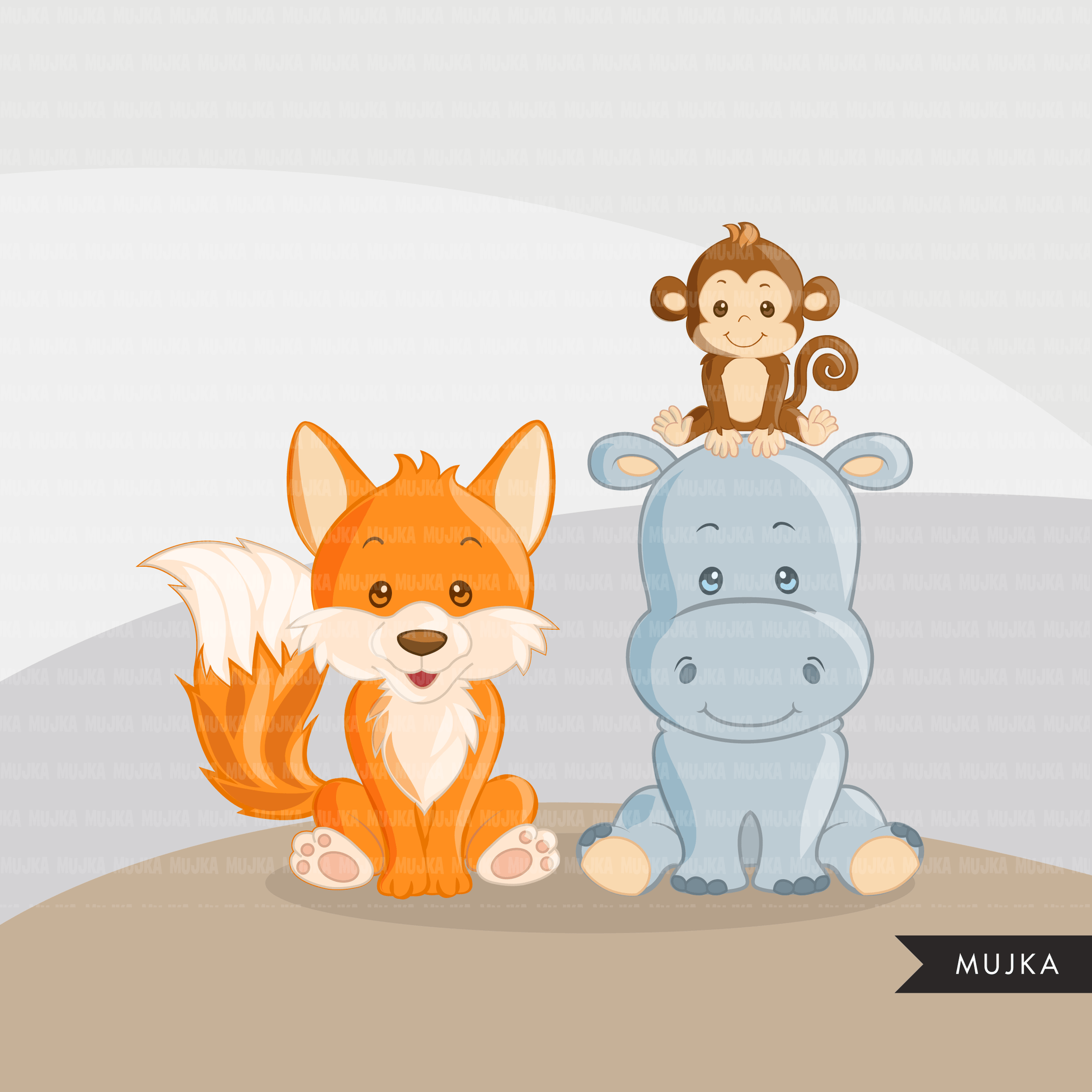 Paquete de imágenes prediseñadas de Safari. Colección de animales de safari, personajes y gráficos de safari, leones, jirafas, hipopótamos, cebras y gráficos de monos.