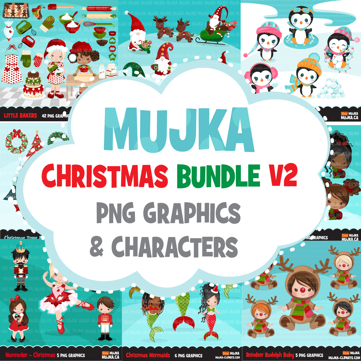 Christmas Clipart Bundle V2, Noel Illustrations, boy, girl, animal, gnomes, nutcracker, mermaids