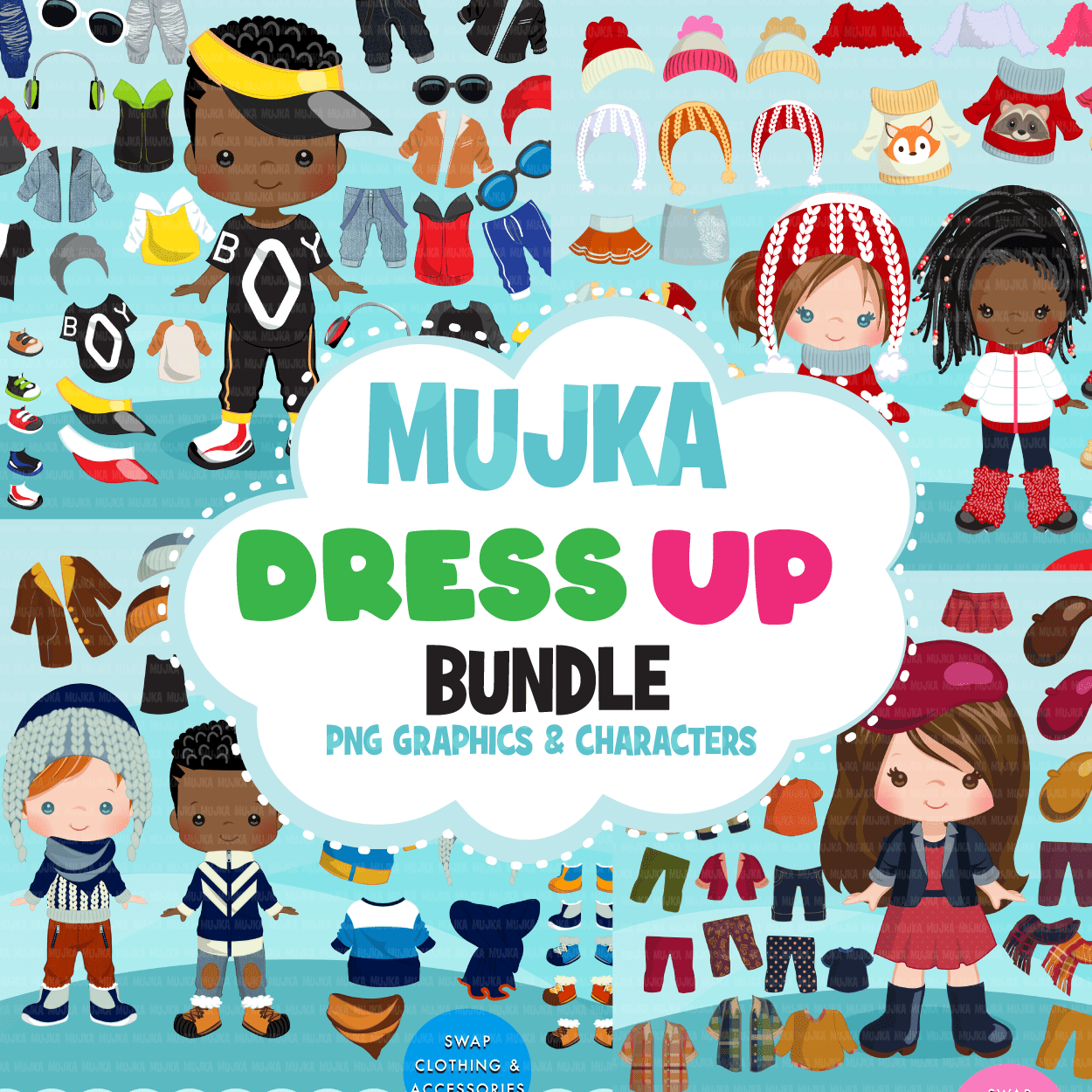 Paper Doll clipart Bundle, Dress up graphics, fashion outfits for kids girl and boy png sublimation graphics