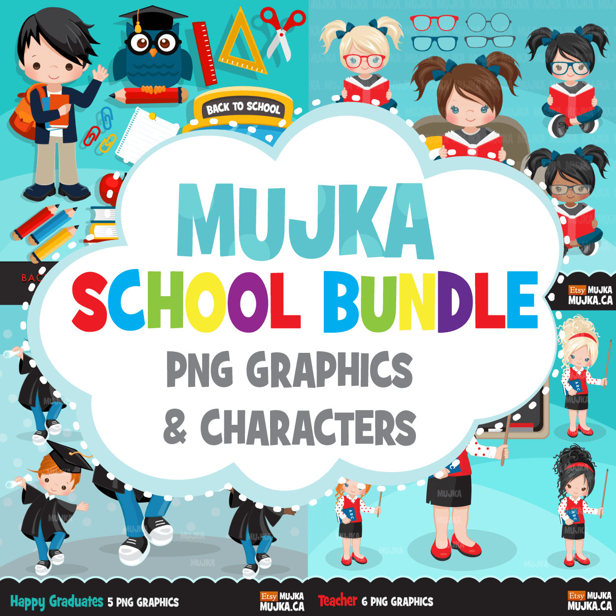 School Education Clipart Bundle. Students, graduates, teachers, distant learning and school elements graphics, boys girls