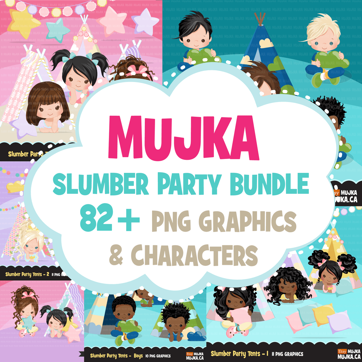 Slumber Party tents Clipart Bundle. Boys and girls sleepover graphics ...