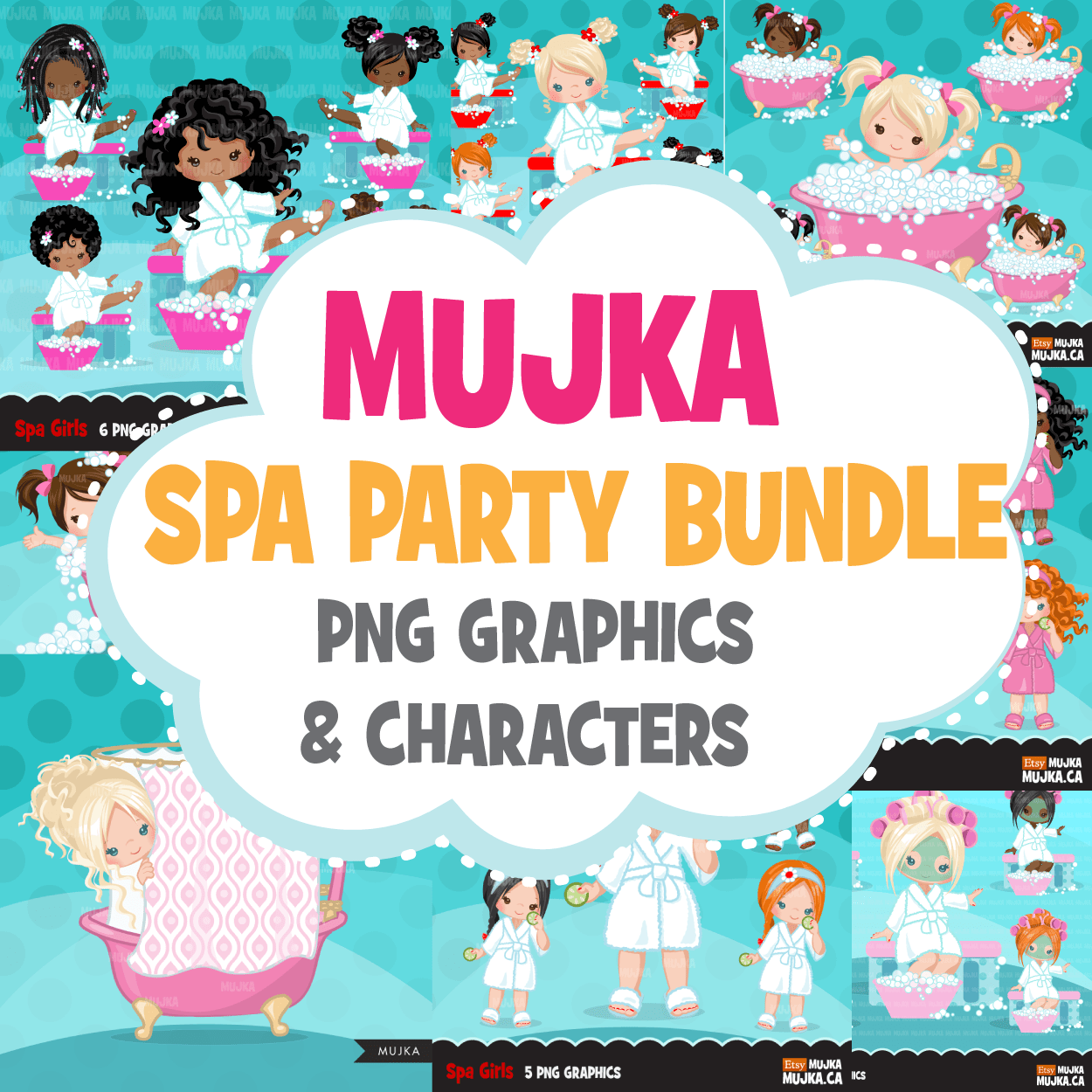 Spa Clipart Bundle. Spa birthday Party Graphics for girls, manicure, bath, nail polish, shower