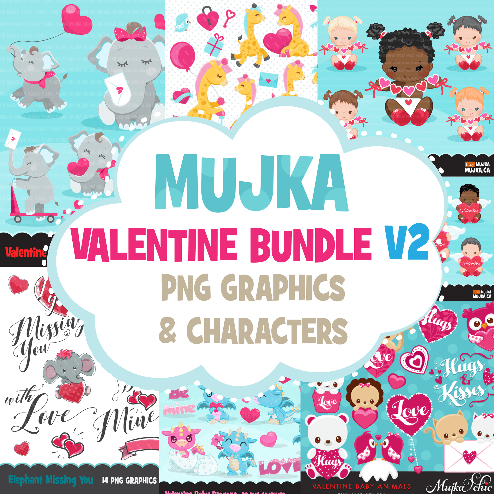 Valentine clipart Design Bundle V2, Cute celebration graphics, boys and girls, animals