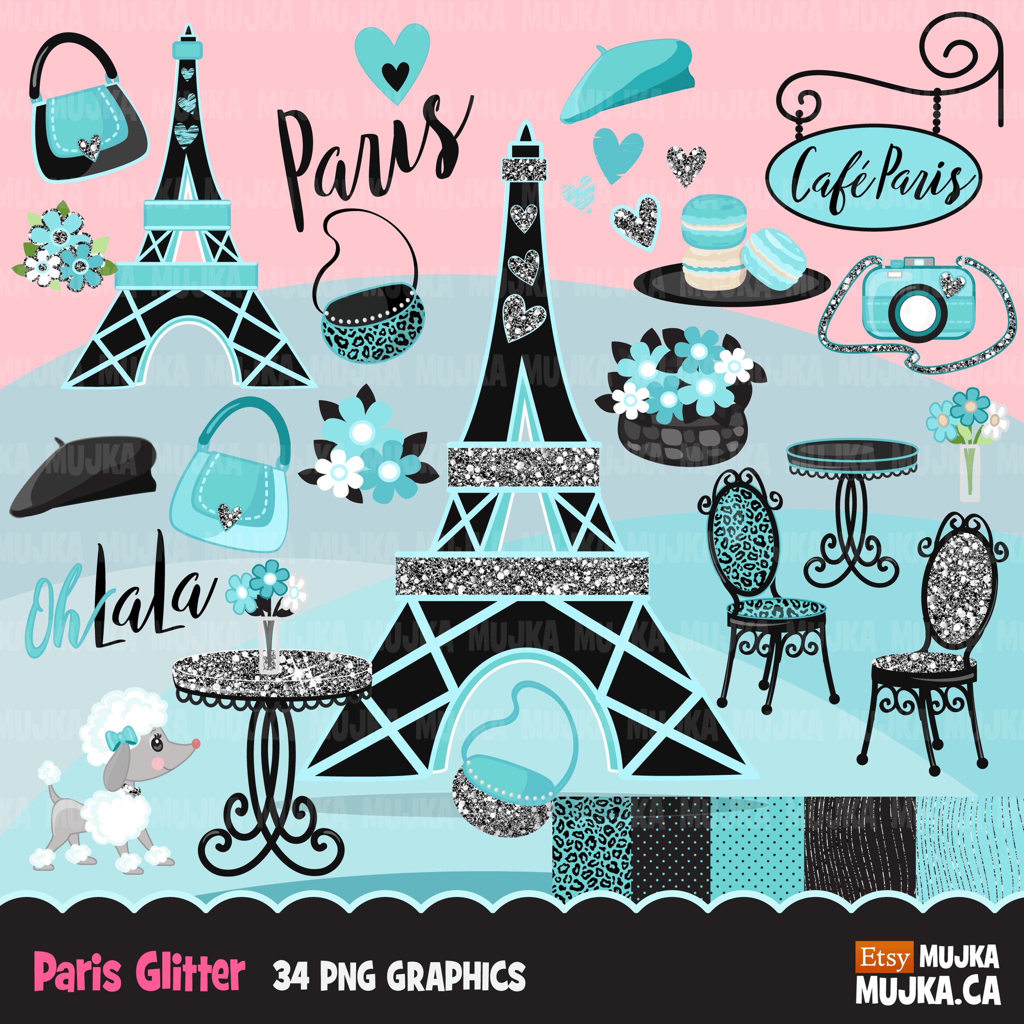 Paris Clipart Bundle, Glitter French Birthday party, poodle, tea party, eiifel tower png clip art, commercial use