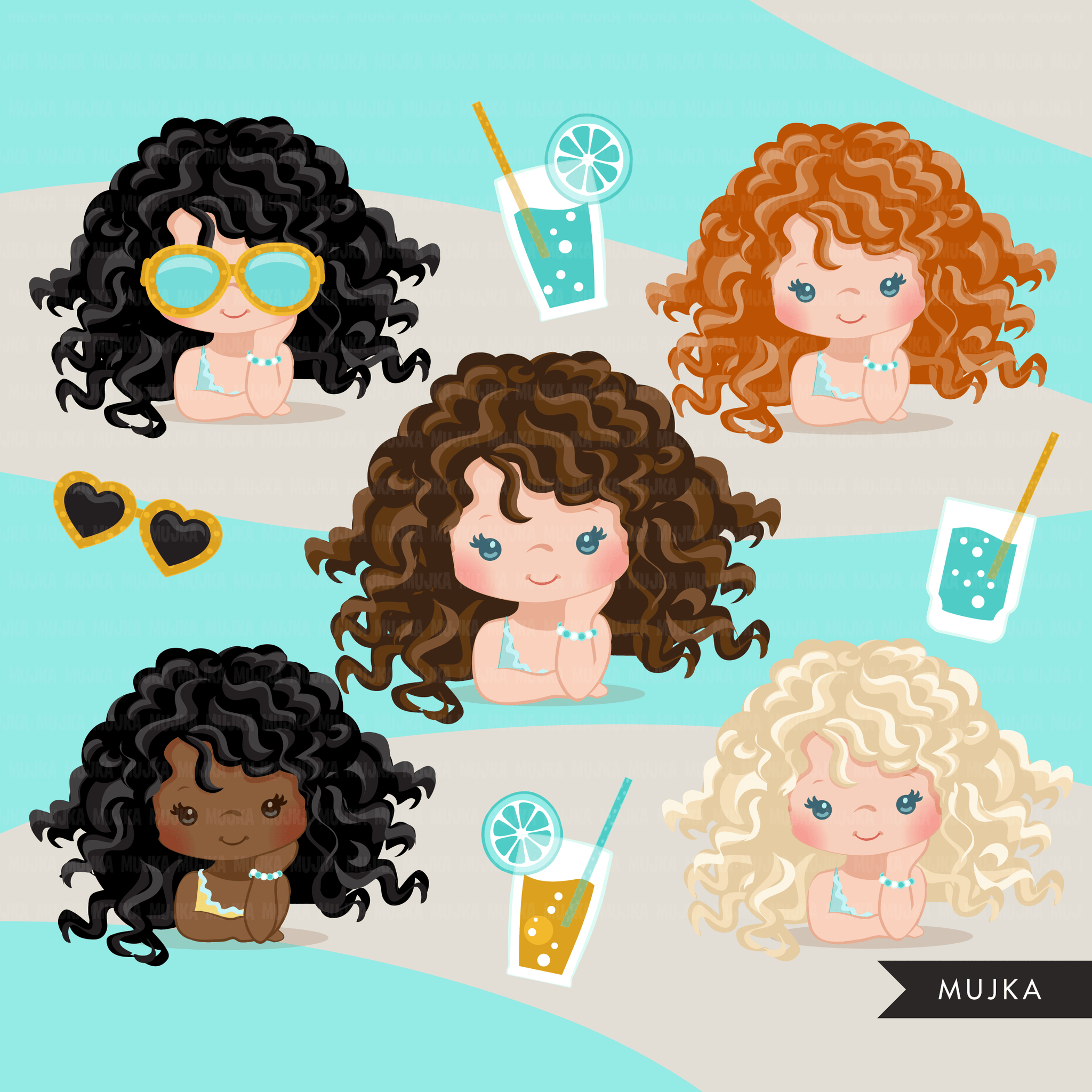 Paquete de imágenes prediseñadas de fiesta en la piscina. Colección de lindas fiestas en la piscina en el patio trasero, gráficos de cumpleaños para niños y niñas, verano