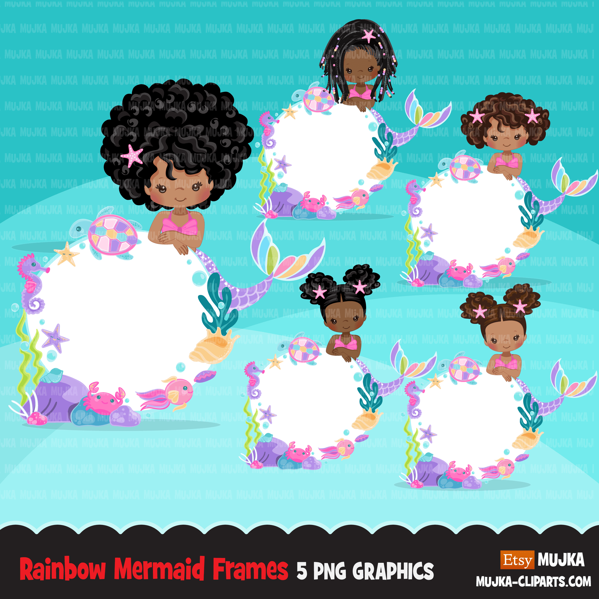 Paquete de imágenes prediseñadas de Las Sirenitas. Gráficos de sirena arcoiris. Submarino, coral, estrella de mar, pez, caballito de mar Chicas