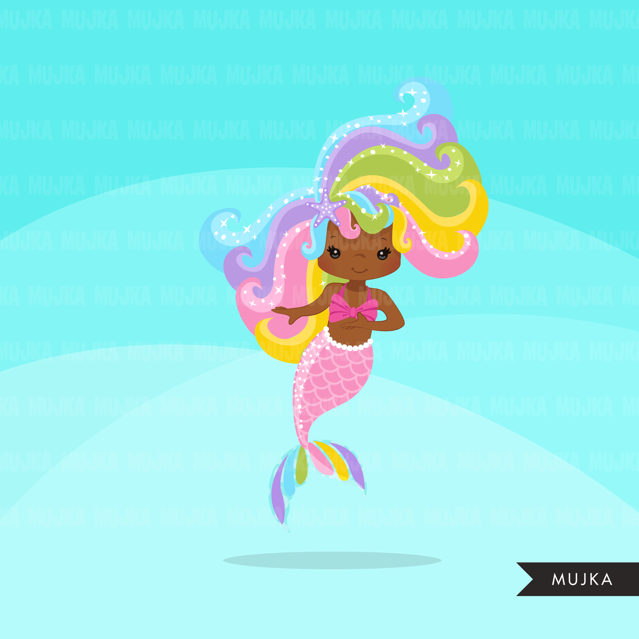 Paquete de imágenes prediseñadas de Las Sirenitas. Gráficos de sirena arcoiris. Submarino, coral, estrella de mar, pez, caballito de mar Chicas