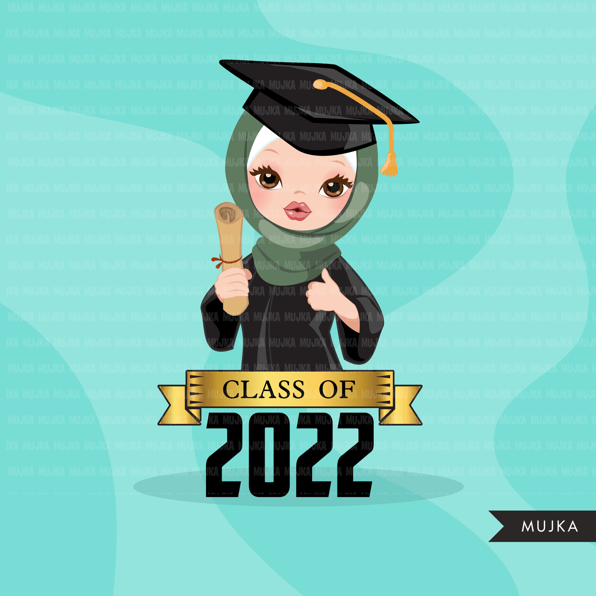 Graduation Clipart, senior graduate girls with hijab, cape and scroll, school, muslim student class of 2022 gold banner graphics, PNG