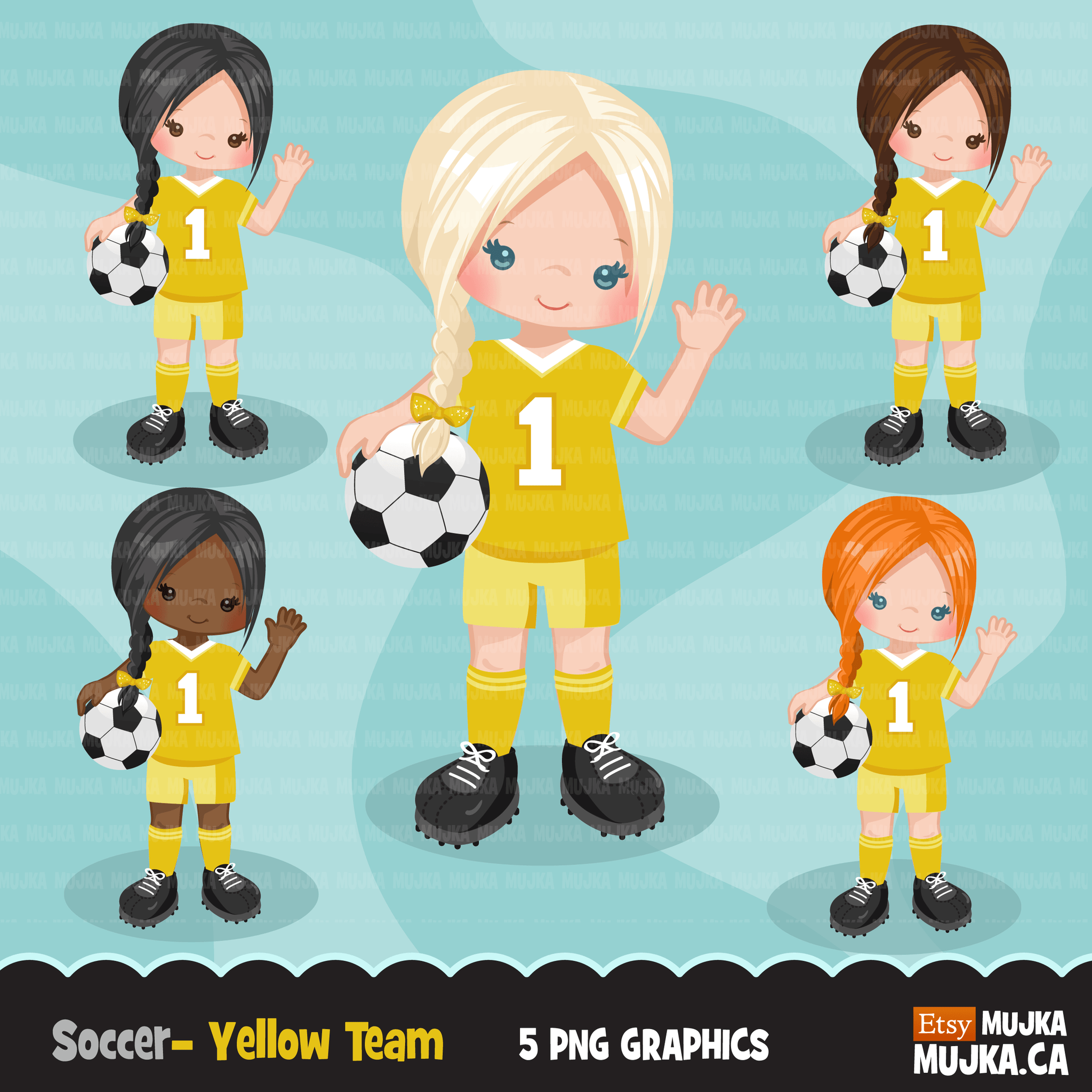 Soccer Clipart Bundle, playing soccer ball, sports, birthday party, boys & girls team jersey, clip art commercial use PNG graphics