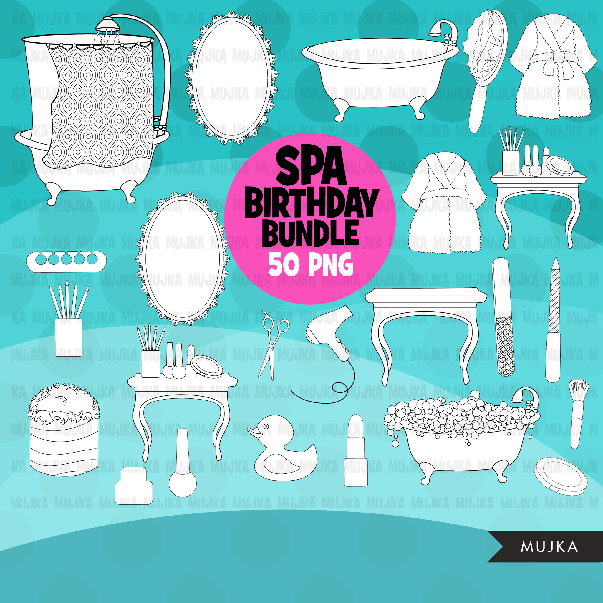 Spa Clipart Bundle. Spa birthday Party Graphics for girls, manicure, bath, nail polish, shower