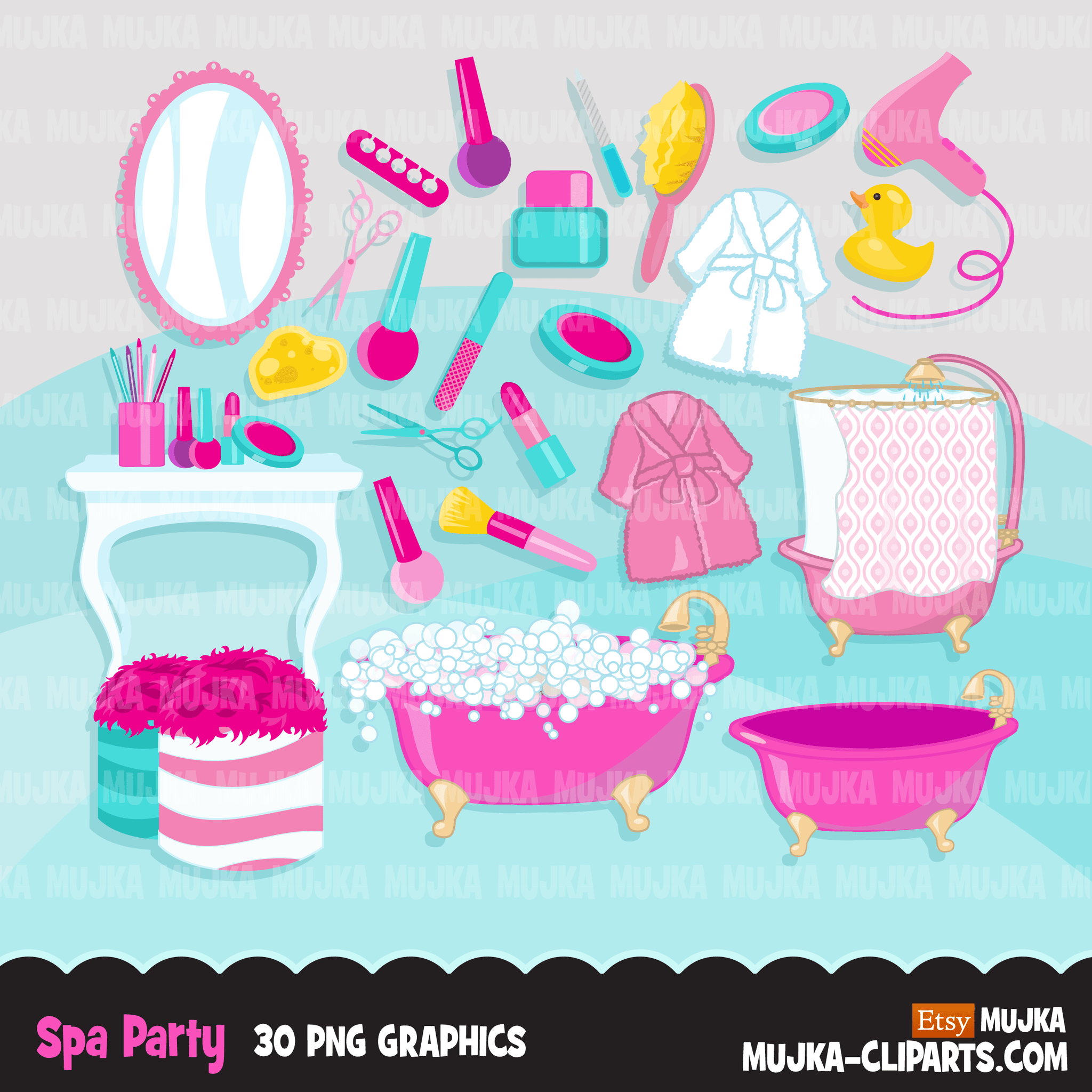 Spa Clipart Bundle. Spa birthday Party Graphics for girls, manicure, bath, nail polish, shower