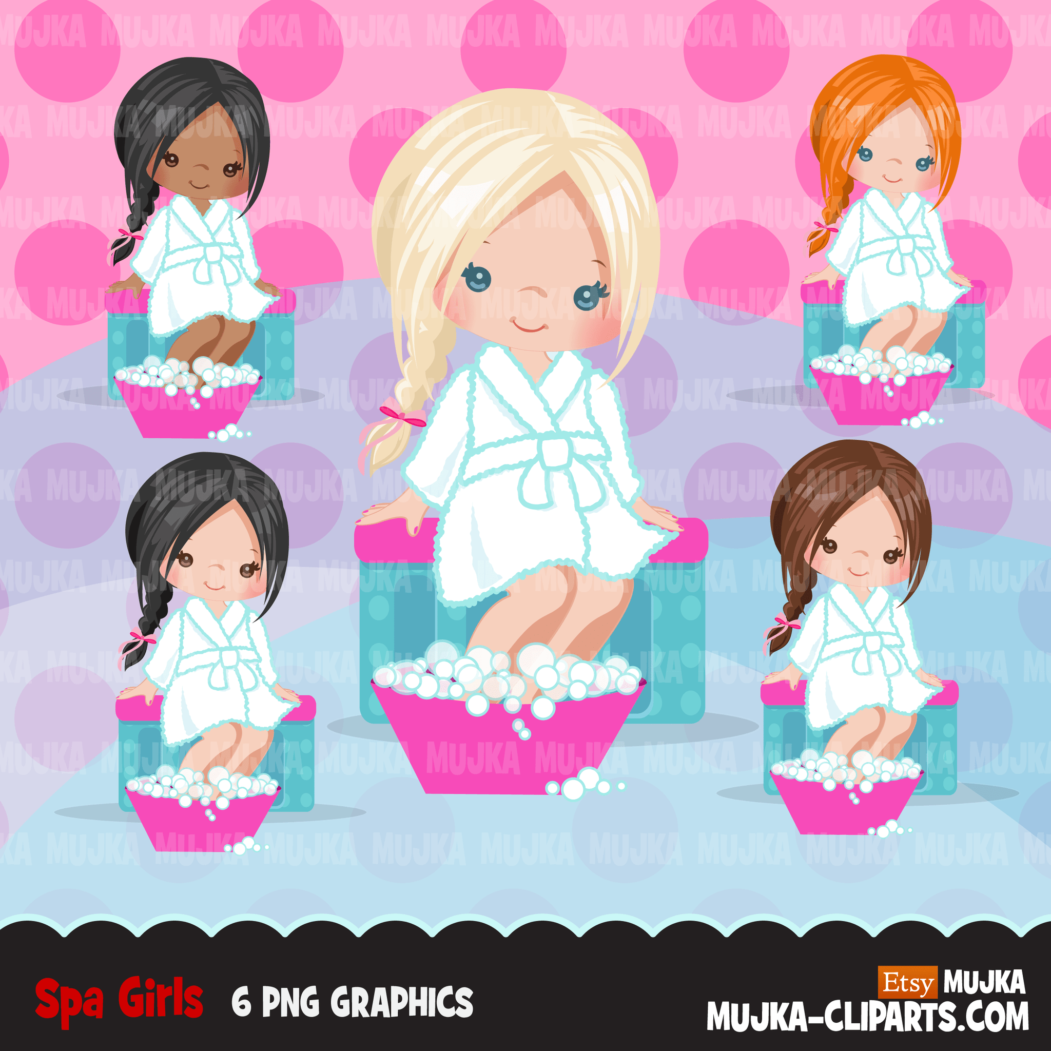 Spa Clipart Bundle. Spa birthday Party Graphics for girls, manicure, bath, nail polish, shower