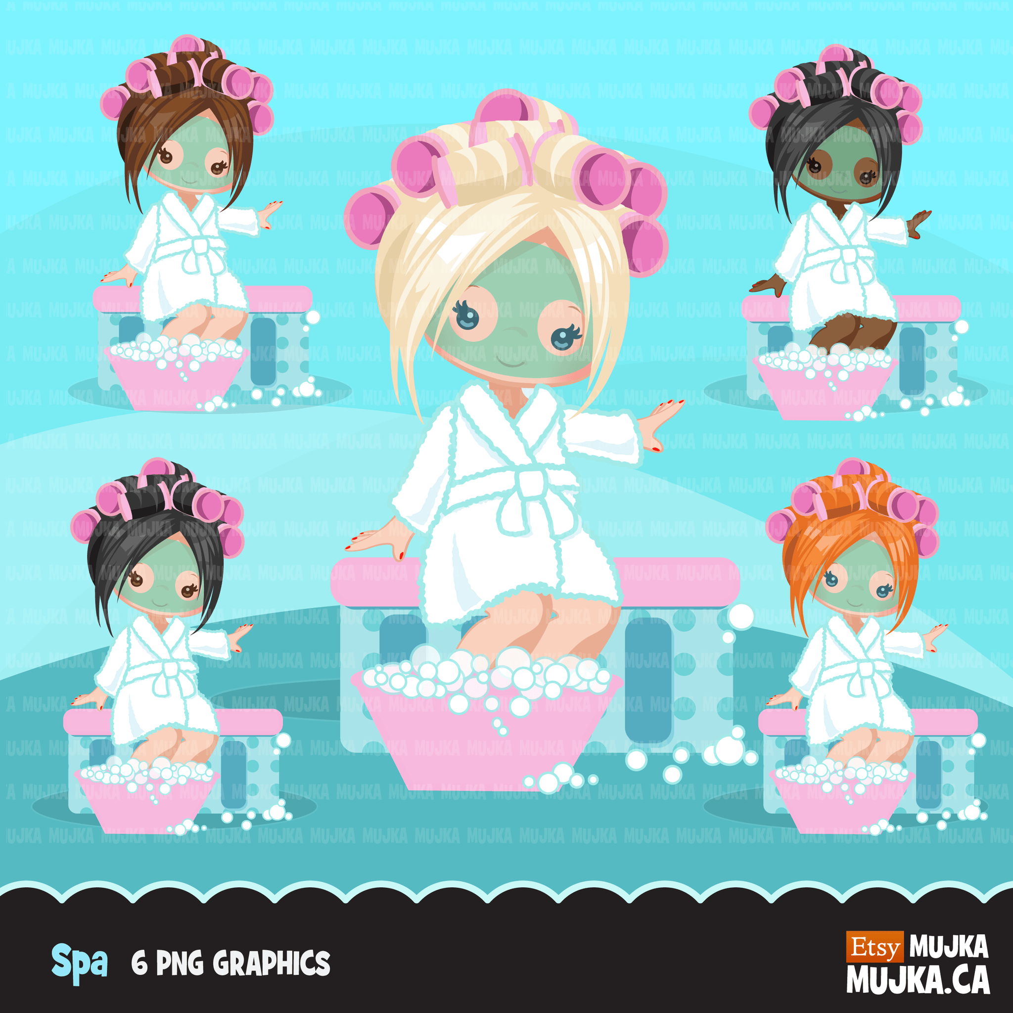 Spa Clipart Bundle. Spa birthday Party Graphics for girls, manicure, bath, nail polish, shower