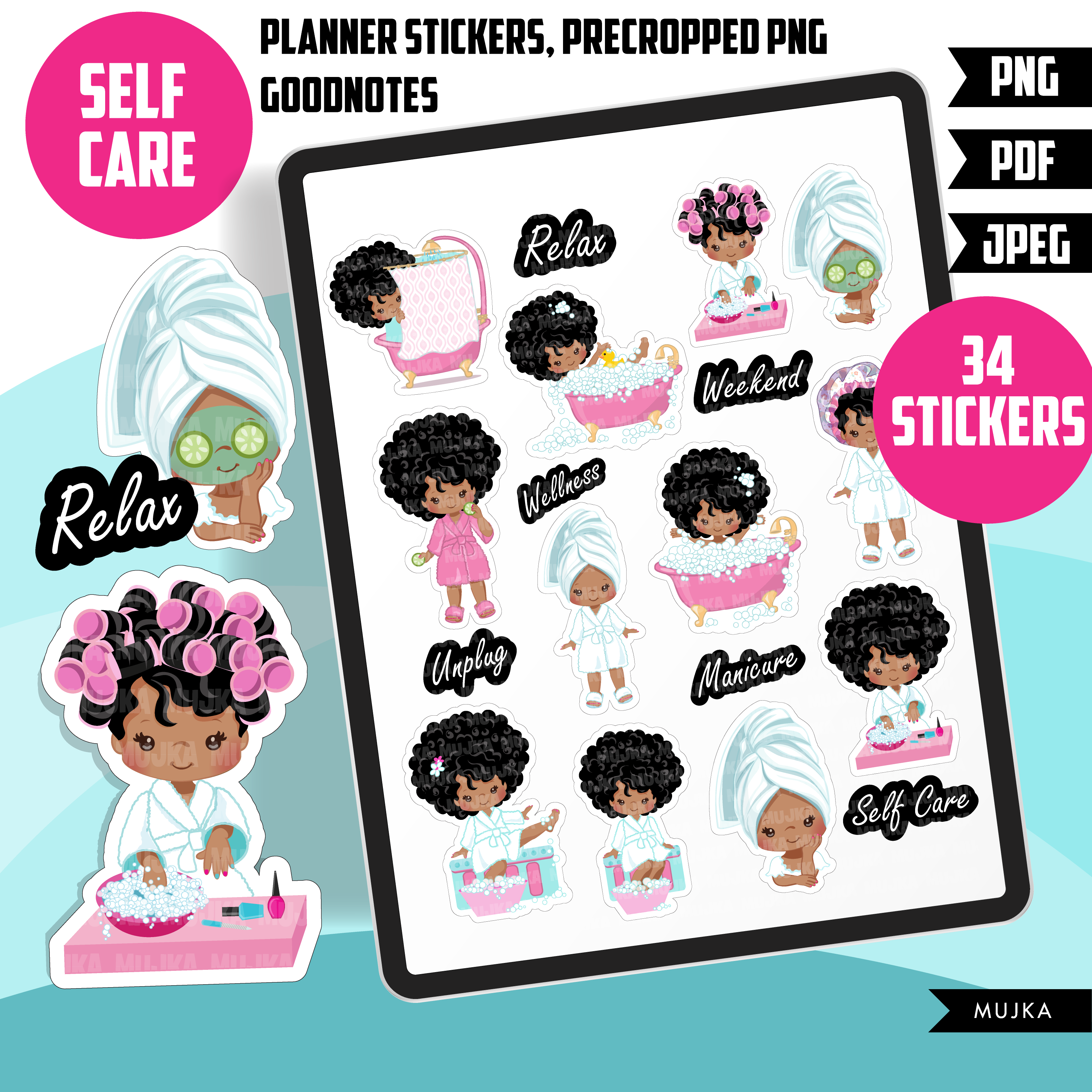 black girl Digital Self Care stickers, Goodnotes stickers, planner  stickers, png precropped stickers, printable spa stickers, spa sublimation  png