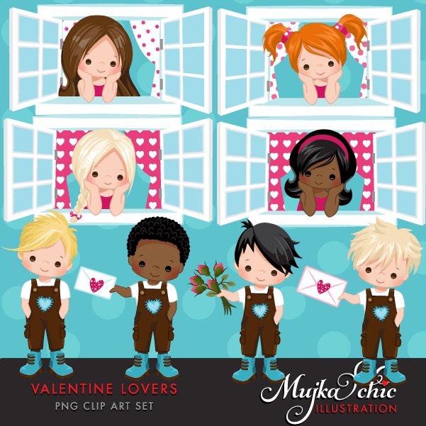 Valentine clipart Design Bundle V1, Cute celebration graphics, boys and girls, animals