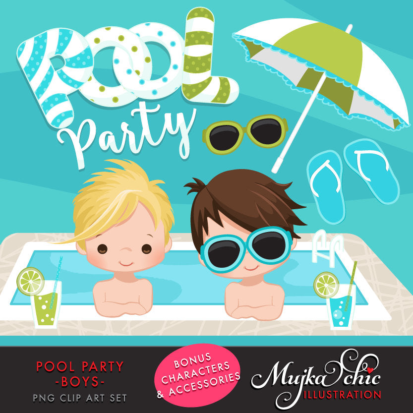 Boys Pool Party Clipart Vector PNG