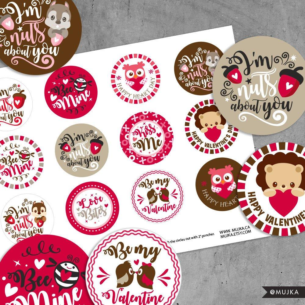 Valentine's Day Stickers. Digital printable Valentine round
