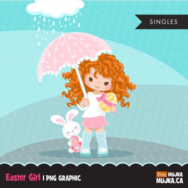 Easter spring clipart egg hunt, Red blonde girl with animal graphic