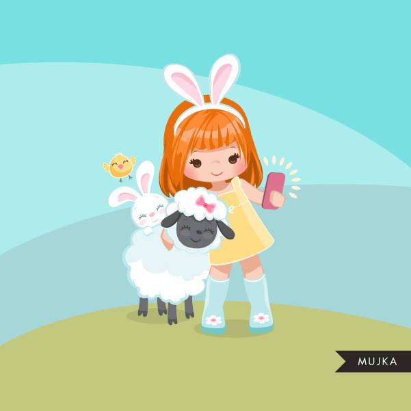 Easter animals spring clipart, red blonde girl