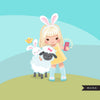 Easter animals spring clipart , blonde girl graphic