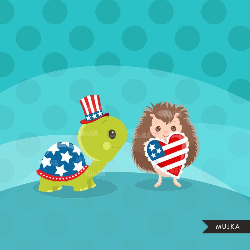 4th of July Animals Clipart. Sloth, turtle, elephant & Hedgehog