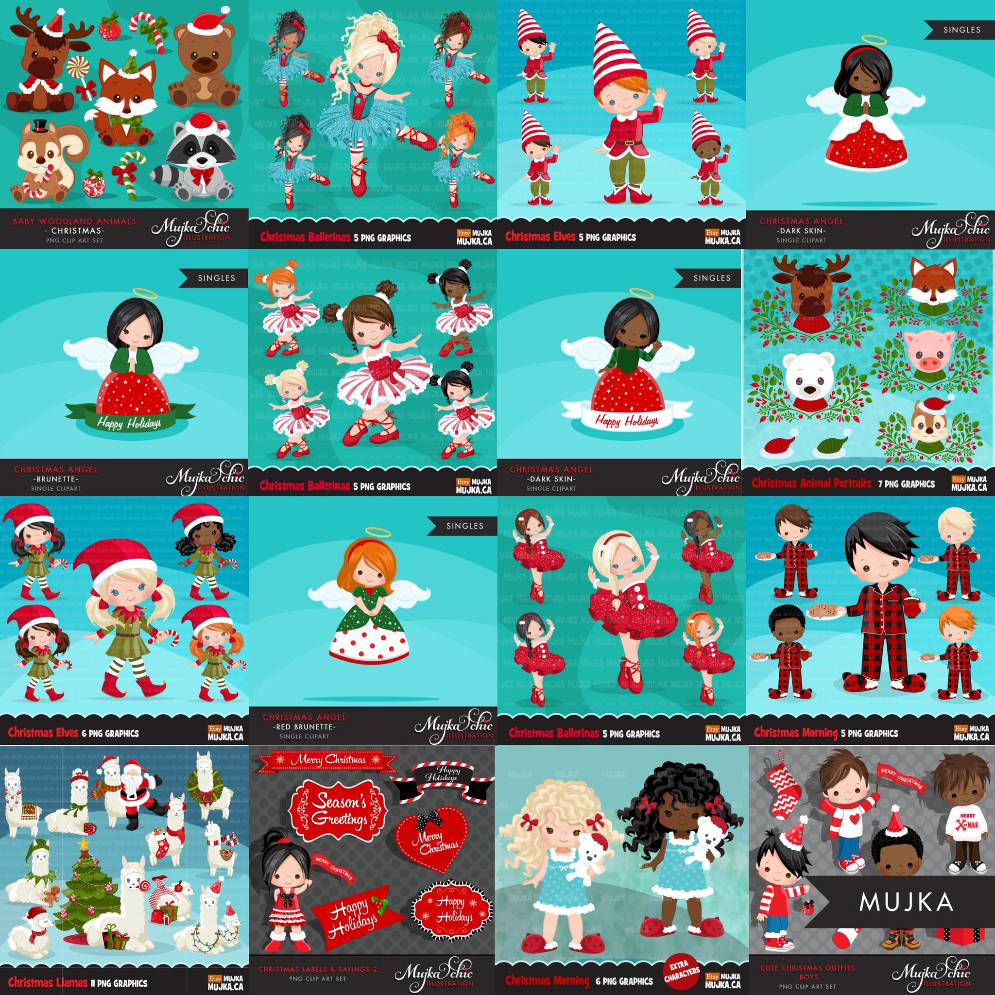 Paquete de imágenes prediseñadas de Navidad. Noel Ilustraciones, niño, niña, animal, invierno