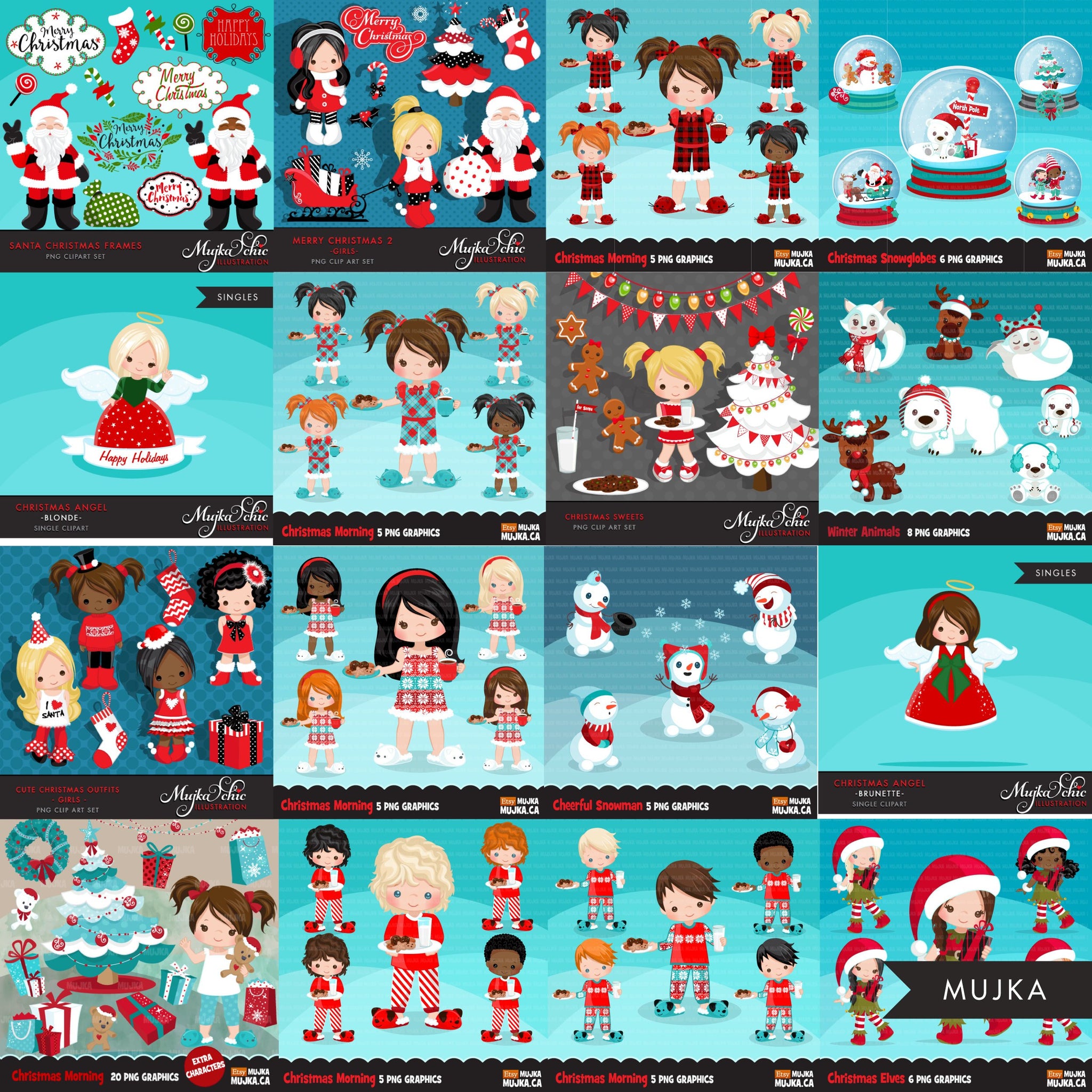 Paquete de imágenes prediseñadas de Navidad. Noel Ilustraciones, niño, niña, animal, invierno