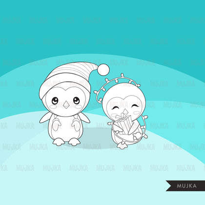 Christmas penguins Digital Stamp, winter animal