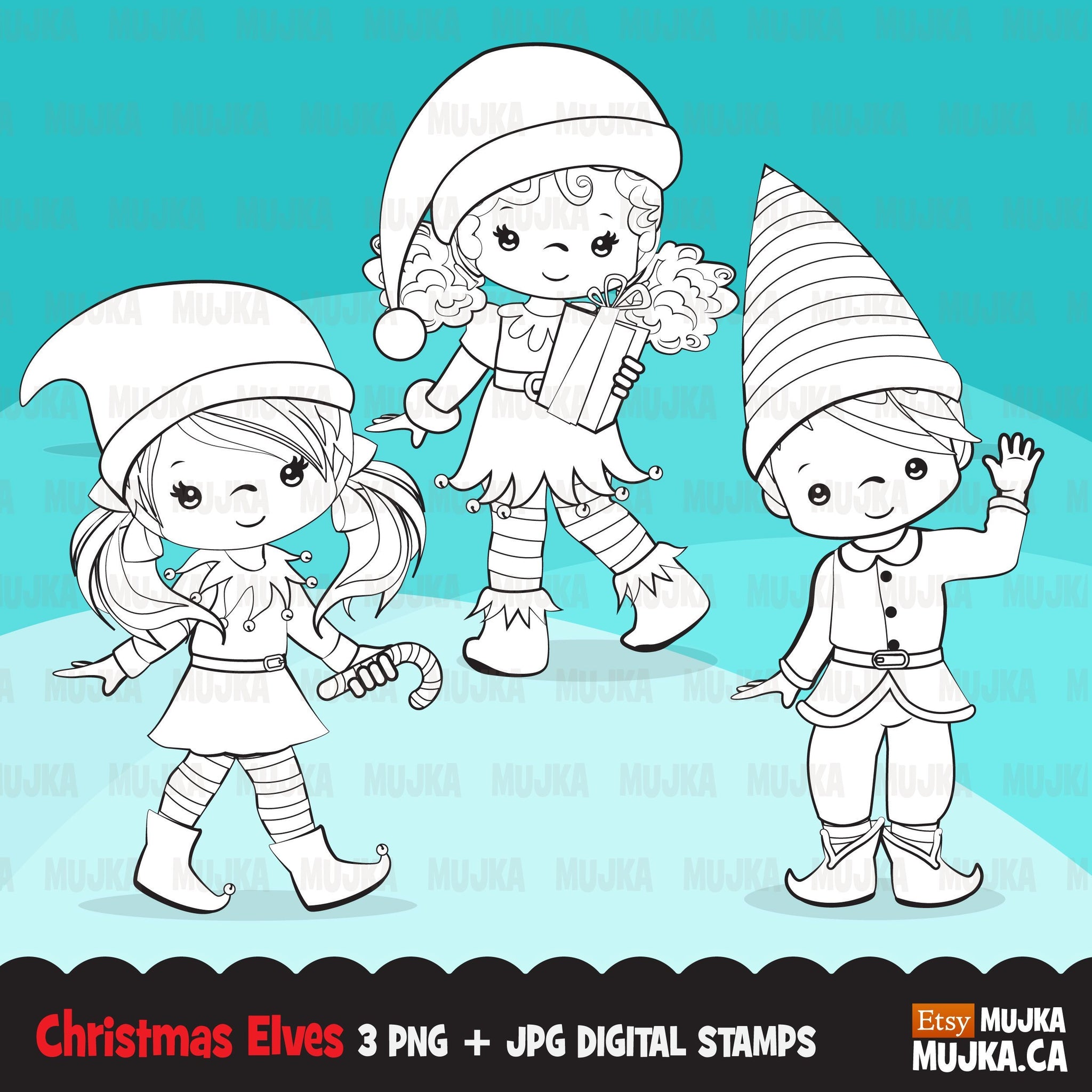 Christmas Elf Digital stamps, Girl and boy